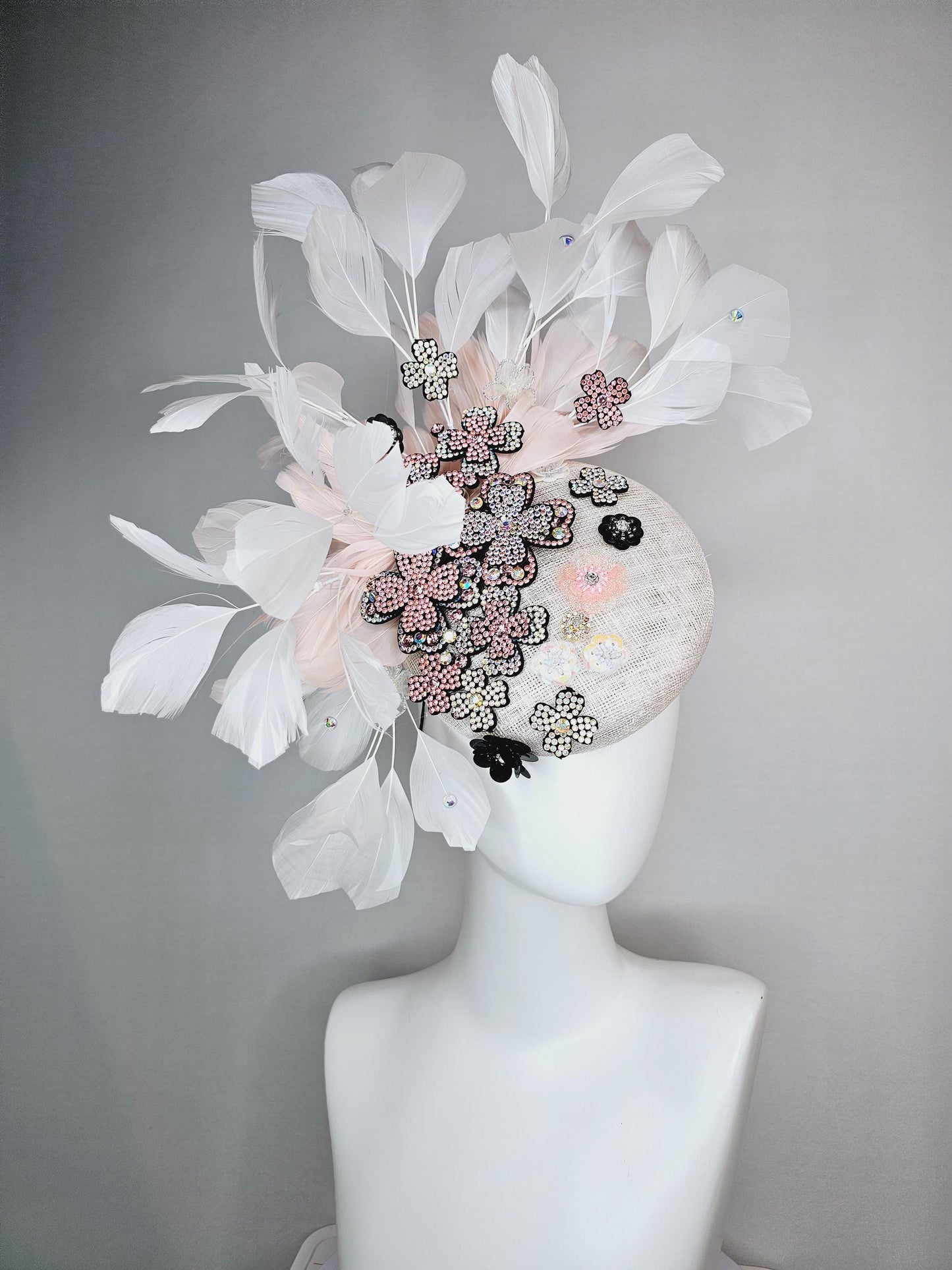 kentucky derby hat fascinator white sinamay with light pink iridescent swarovski crystal and black sequin flowers baby pink white feathers