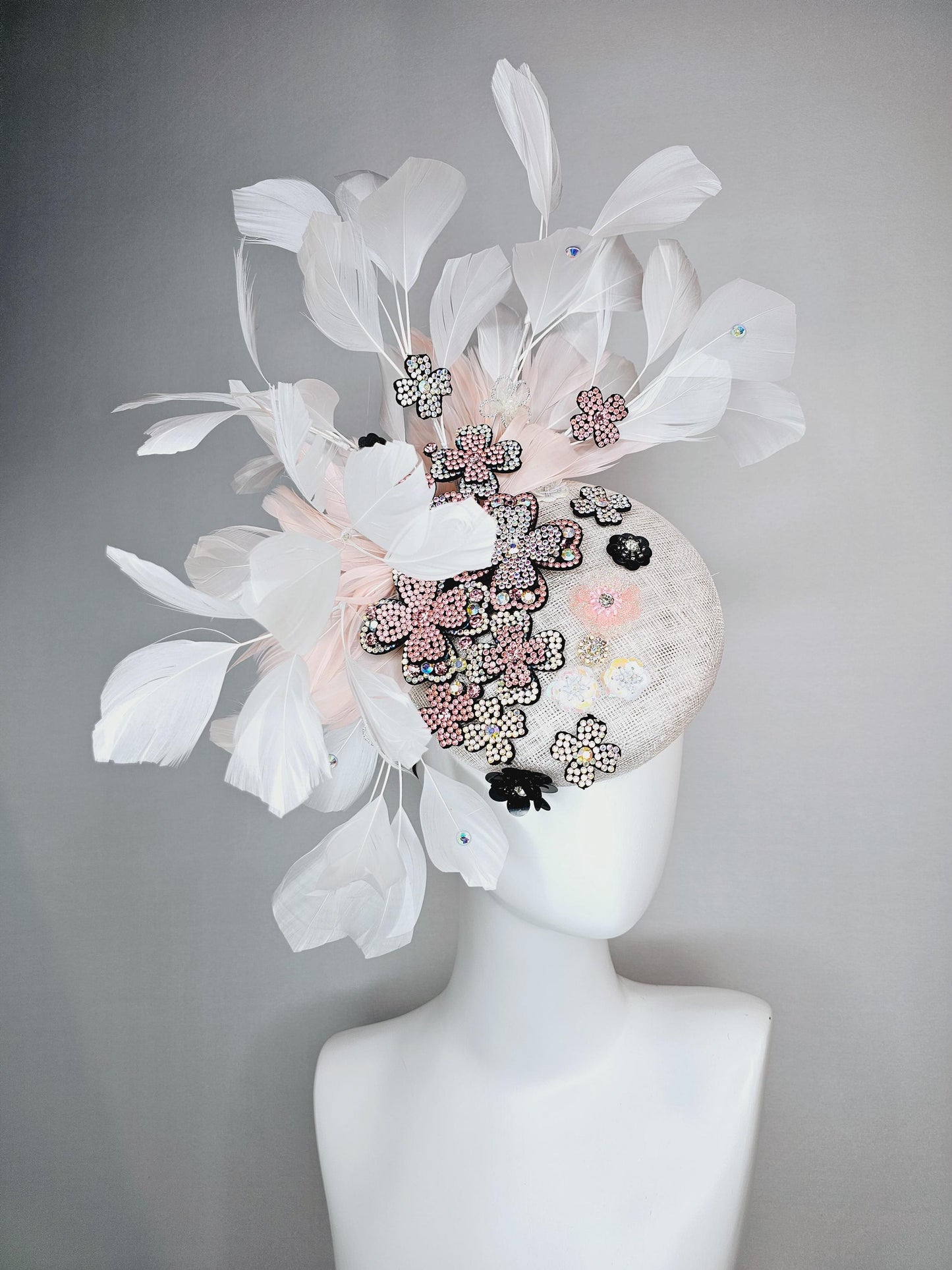 kentucky derby hat fascinator white sinamay with light pink iridescent swarovski crystal and black sequin flowers baby pink white feathers
