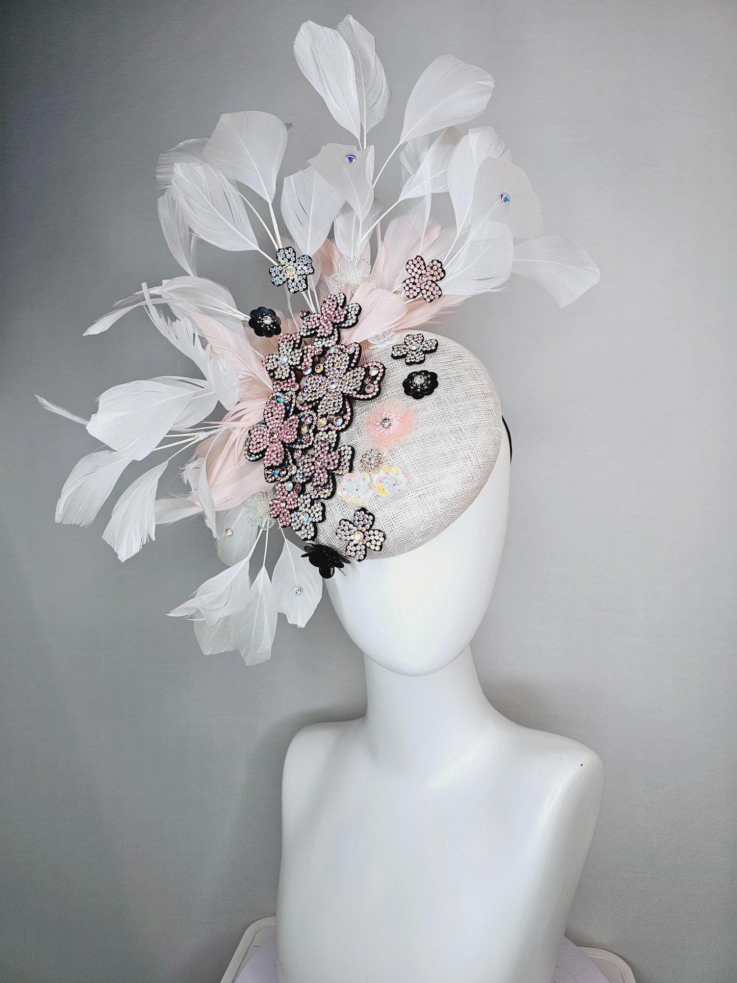kentucky derby hat fascinator white sinamay with light pink iridescent swarovski crystal and black sequin flowers baby pink white feathers