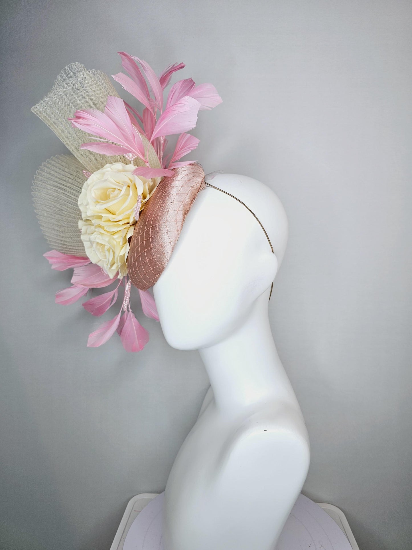kentucky derby hat fascinator champagne pink satin with netting cream beige satin roses beige pleated crinoline and light baby pink feathers