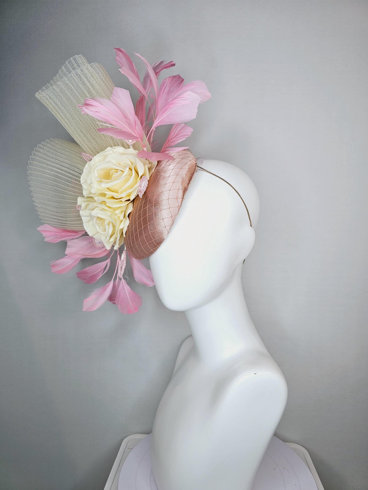 kentucky derby hat fascinator champagne pink satin with netting cream beige satin roses beige pleated crinoline and light baby pink feathers