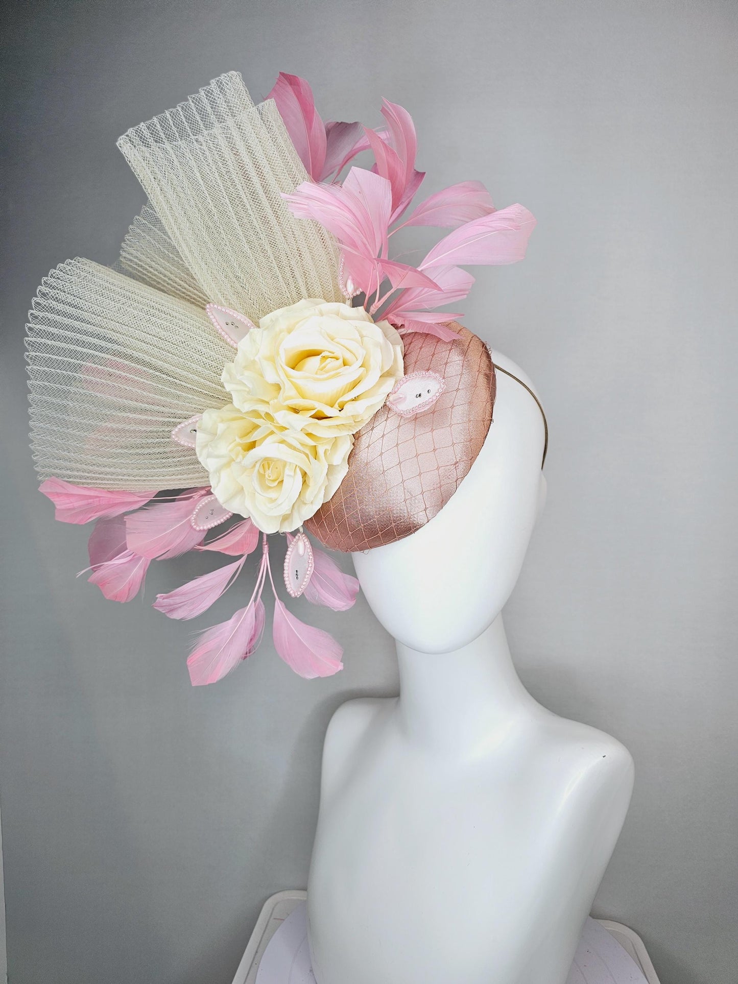 kentucky derby hat fascinator champagne pink satin with netting cream beige satin roses beige pleated crinoline and light baby pink feathers