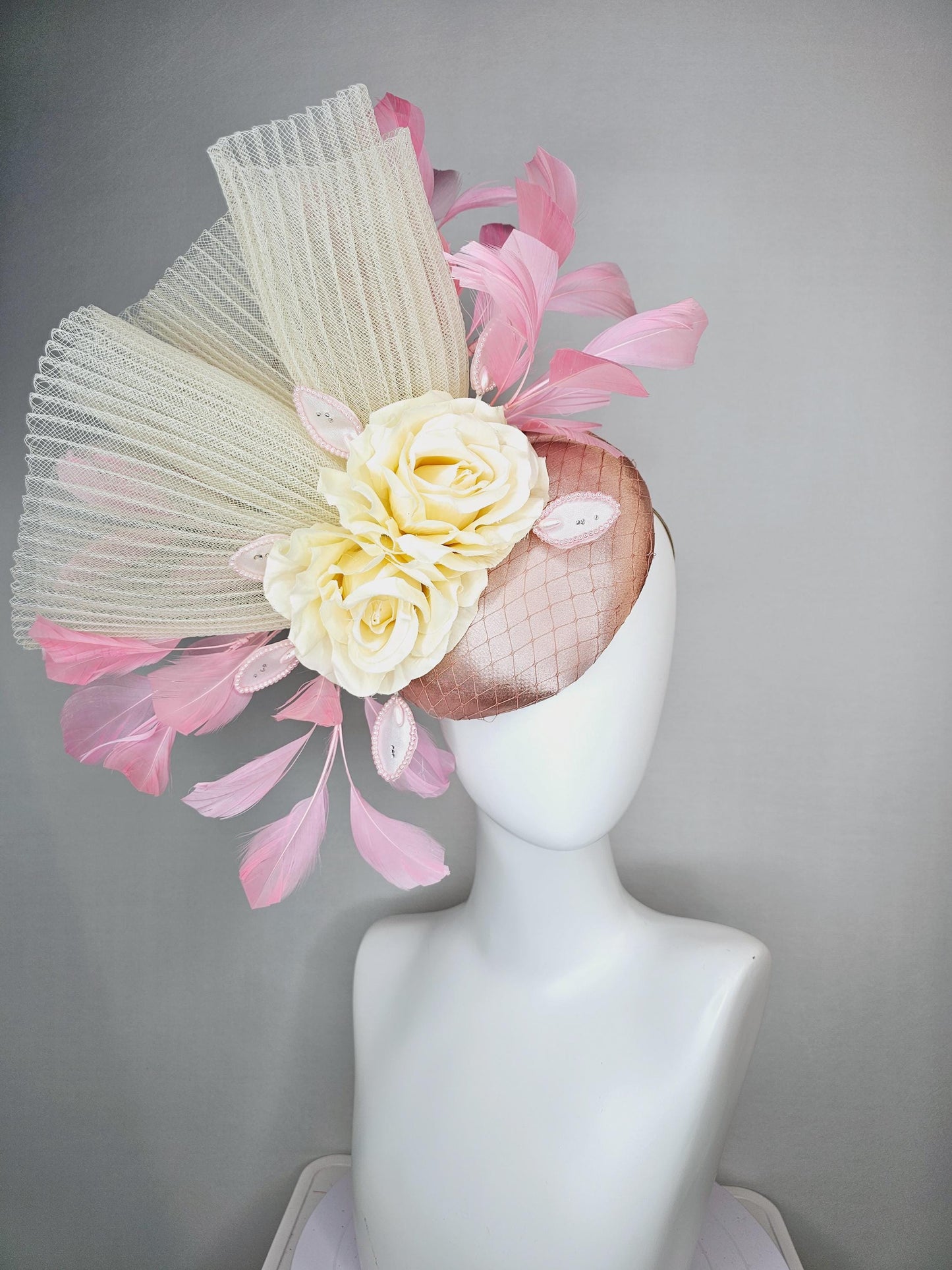 kentucky derby hat fascinator champagne pink satin with netting cream beige satin roses beige pleated crinoline and light baby pink feathers