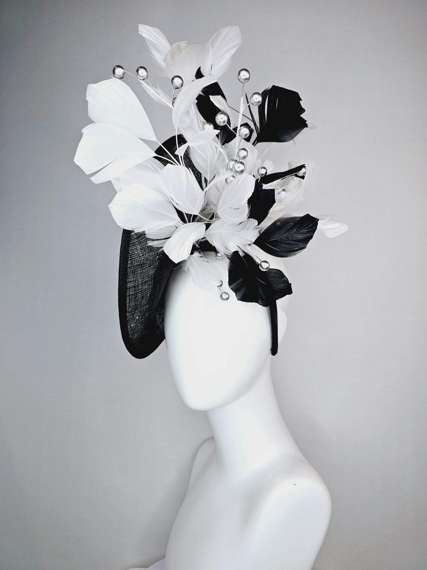 kentucky derby hat fascinator black sinamay sauce with black gold silver red blue green crystals and sequins beaded and black white feathers