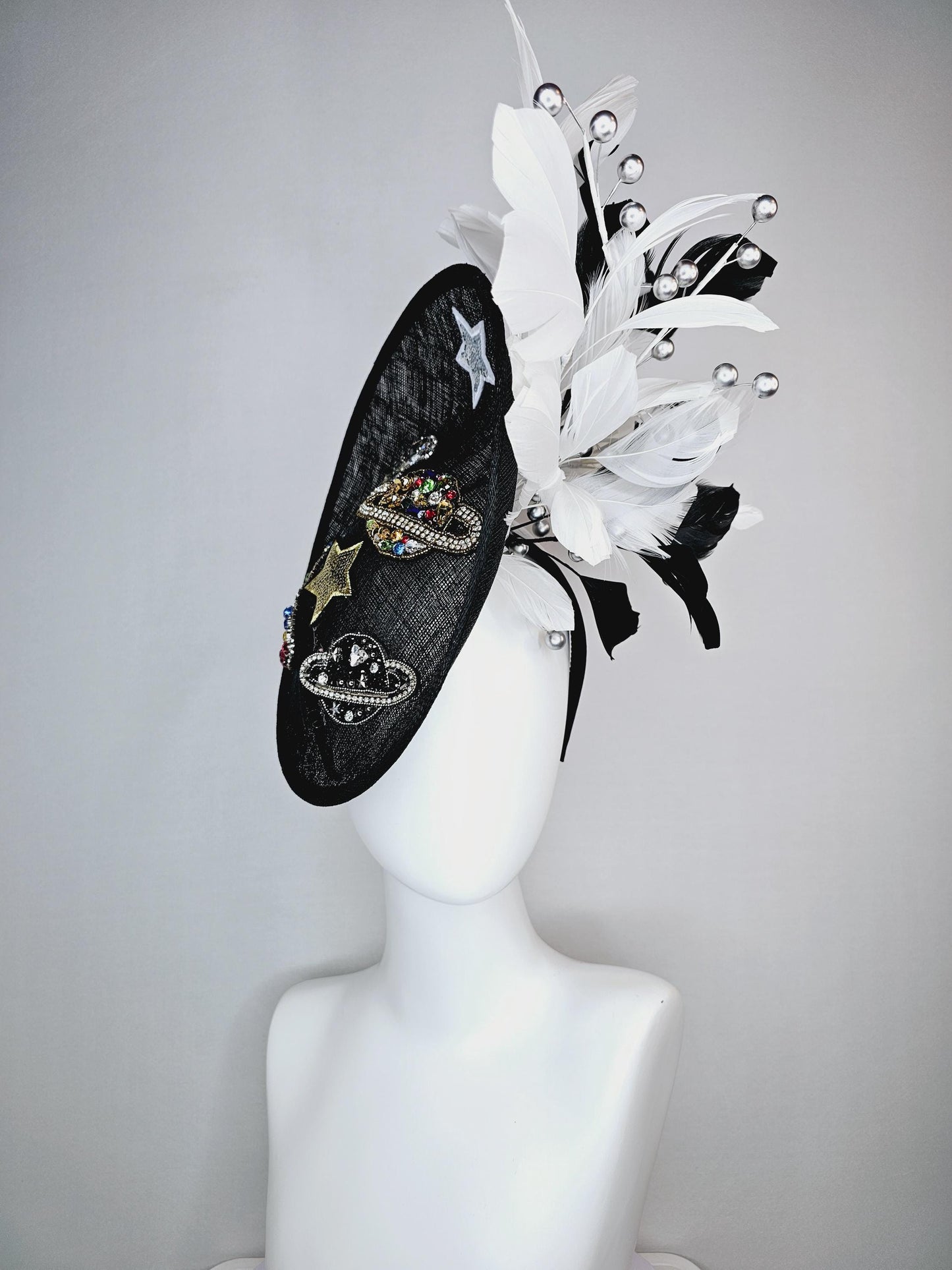 kentucky derby hat fascinator black sinamay sauce with black gold silver red blue green crystals and sequins beaded and black white feathers