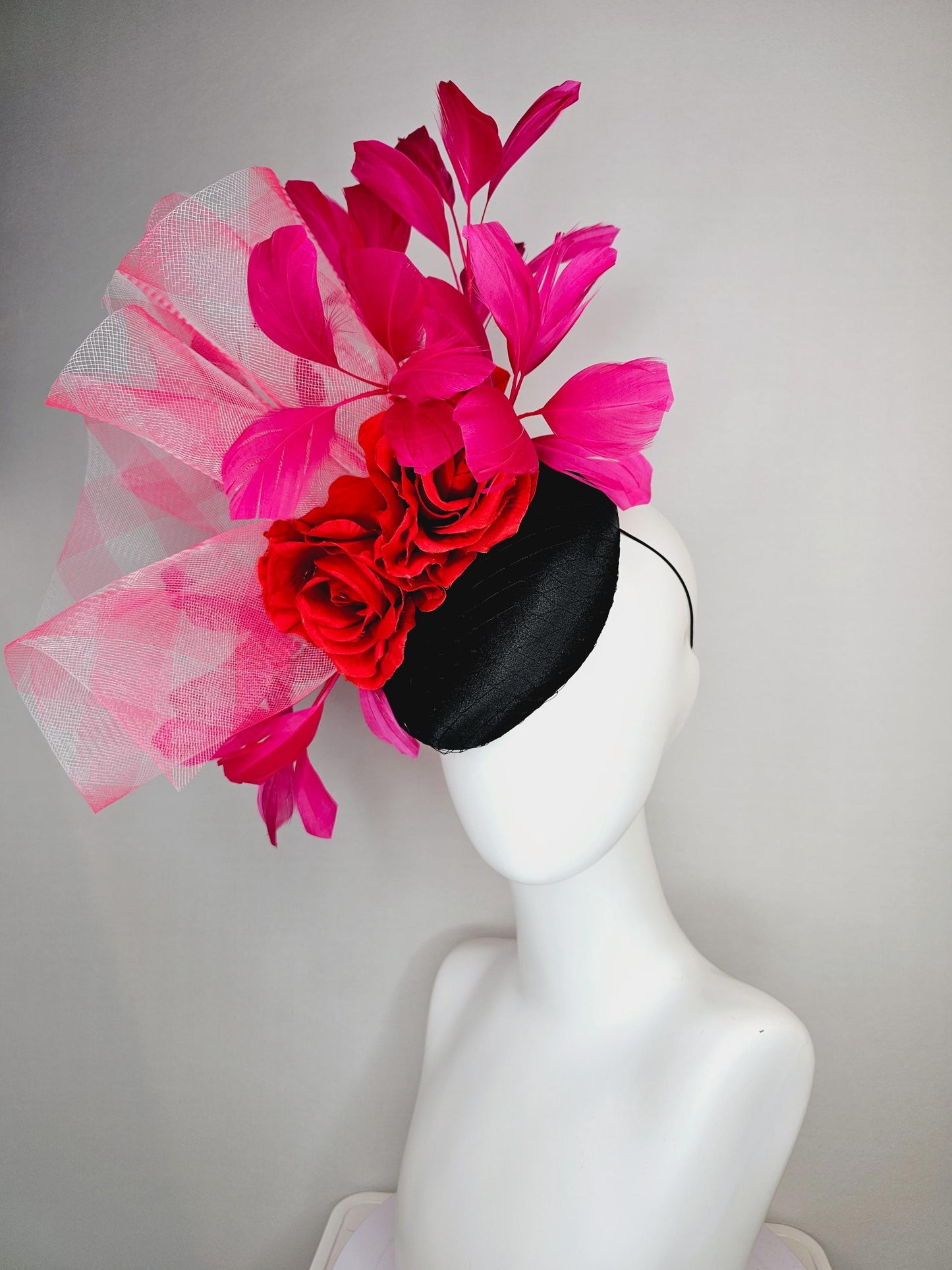 kentucky derby hat fascinator black satin with netting red satin roses pink white gingham crinoline ruffle with hot pink branching feathers