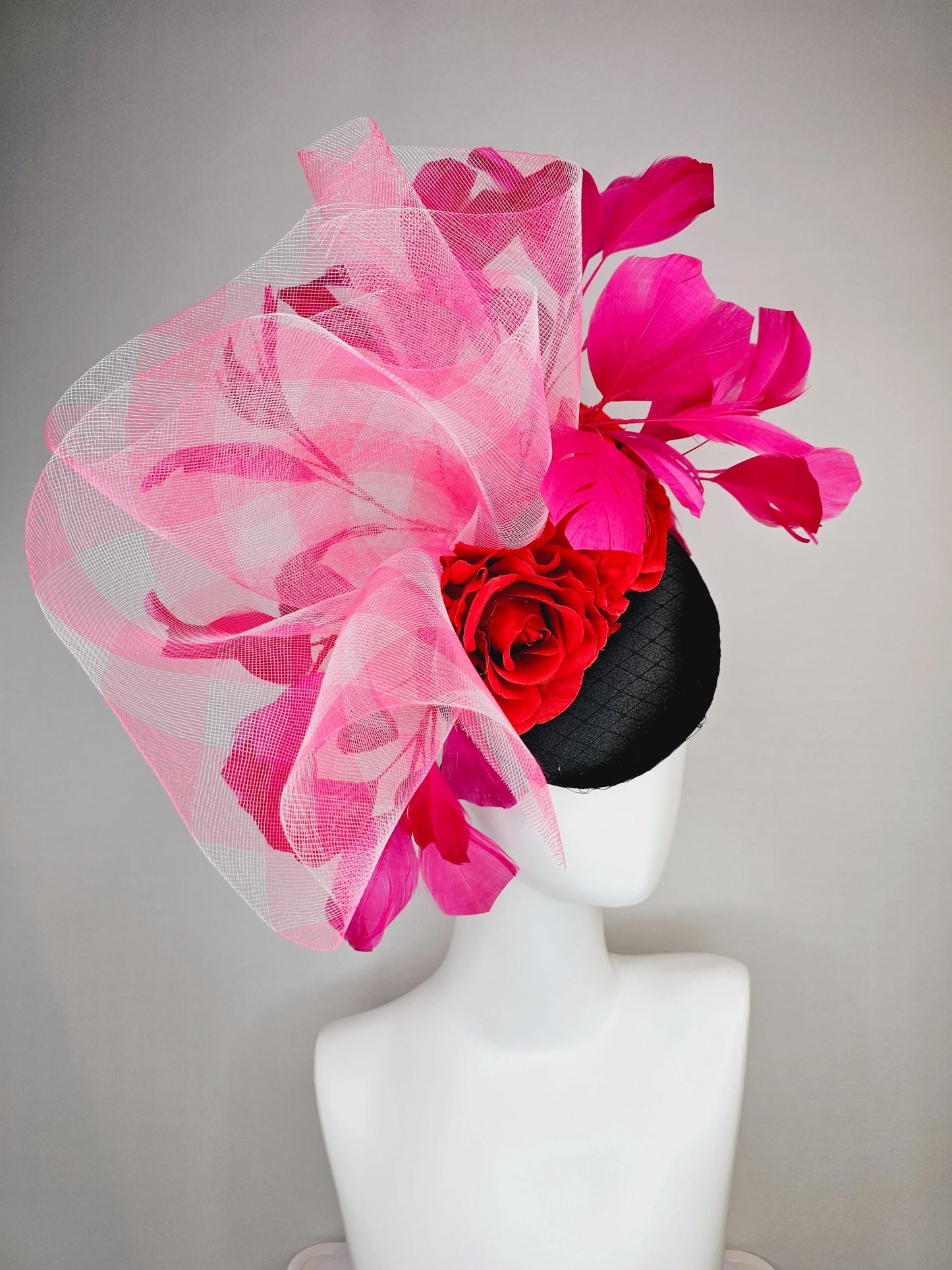 kentucky derby hat fascinator black satin with netting red satin roses pink white gingham crinoline ruffle with hot pink branching feathers