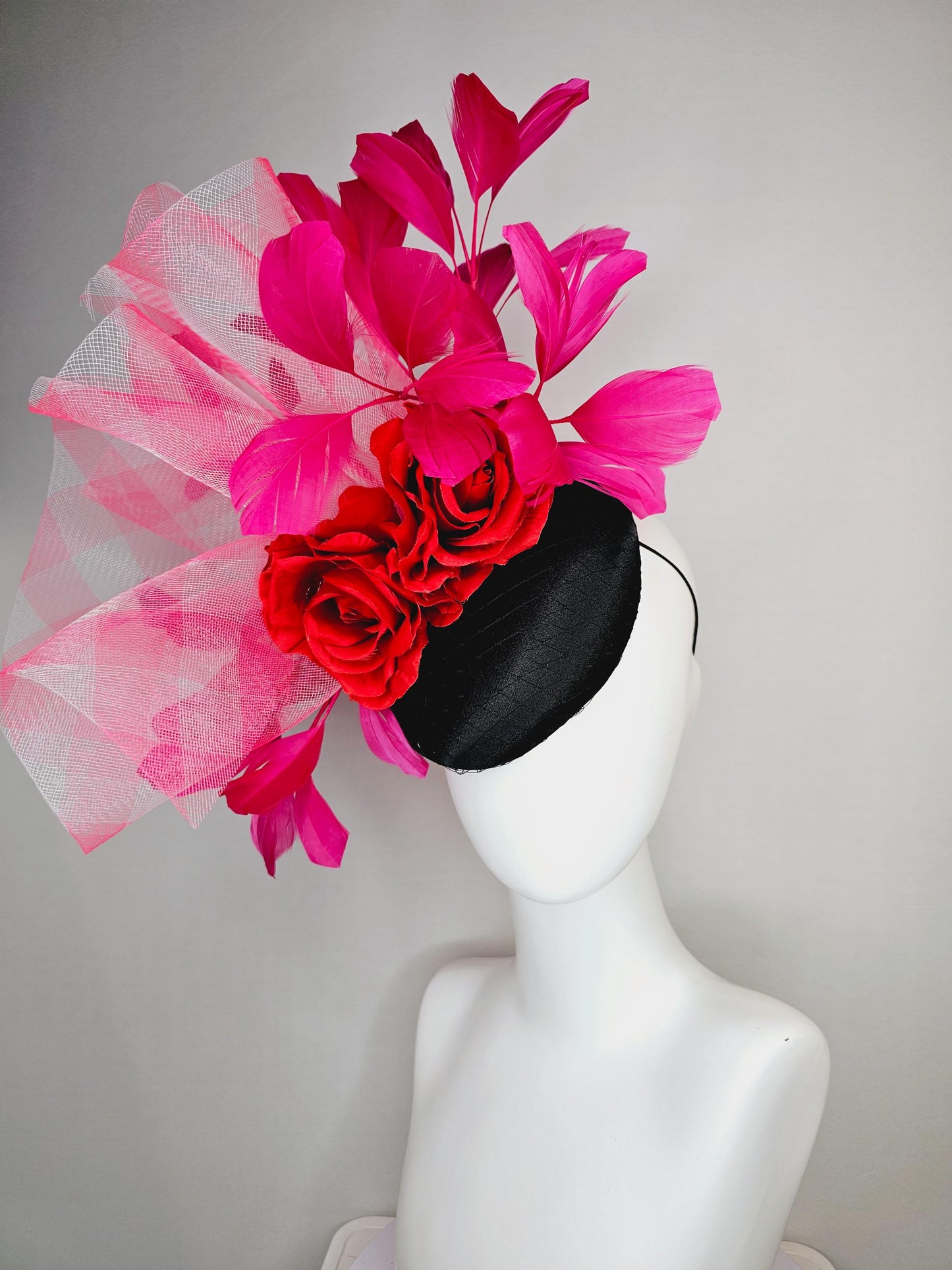 kentucky derby hat fascinator black satin with netting red satin roses pink white gingham crinoline ruffle with hot pink branching feathers
