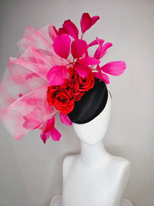 kentucky derby hat fascinator black satin with netting red satin roses pink white gingham crinoline ruffle with hot pink branching feathers