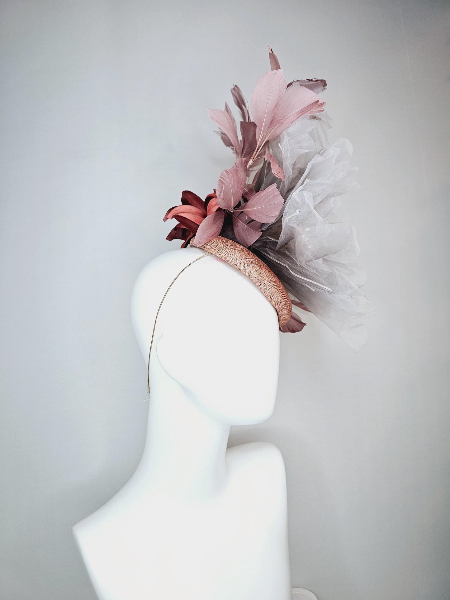 kentucky derby fascinator dusty champagne pink sinamay with very large ombre gray organza flower and taupe dusty pink branching feathers