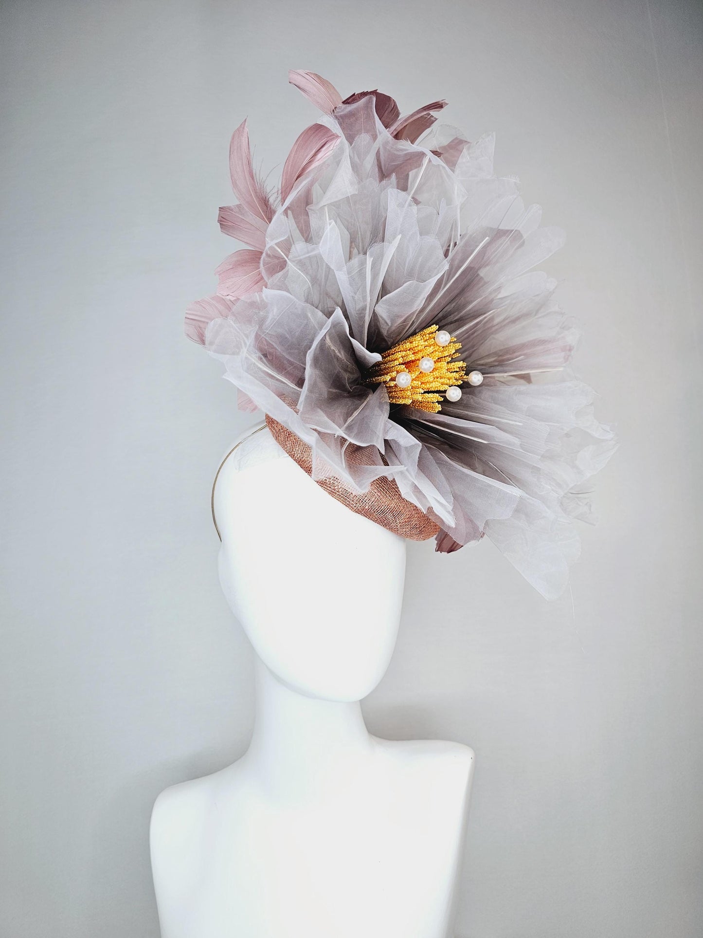 kentucky derby fascinator dusty champagne pink sinamay with very large ombre gray organza flower and taupe dusty pink branching feathers