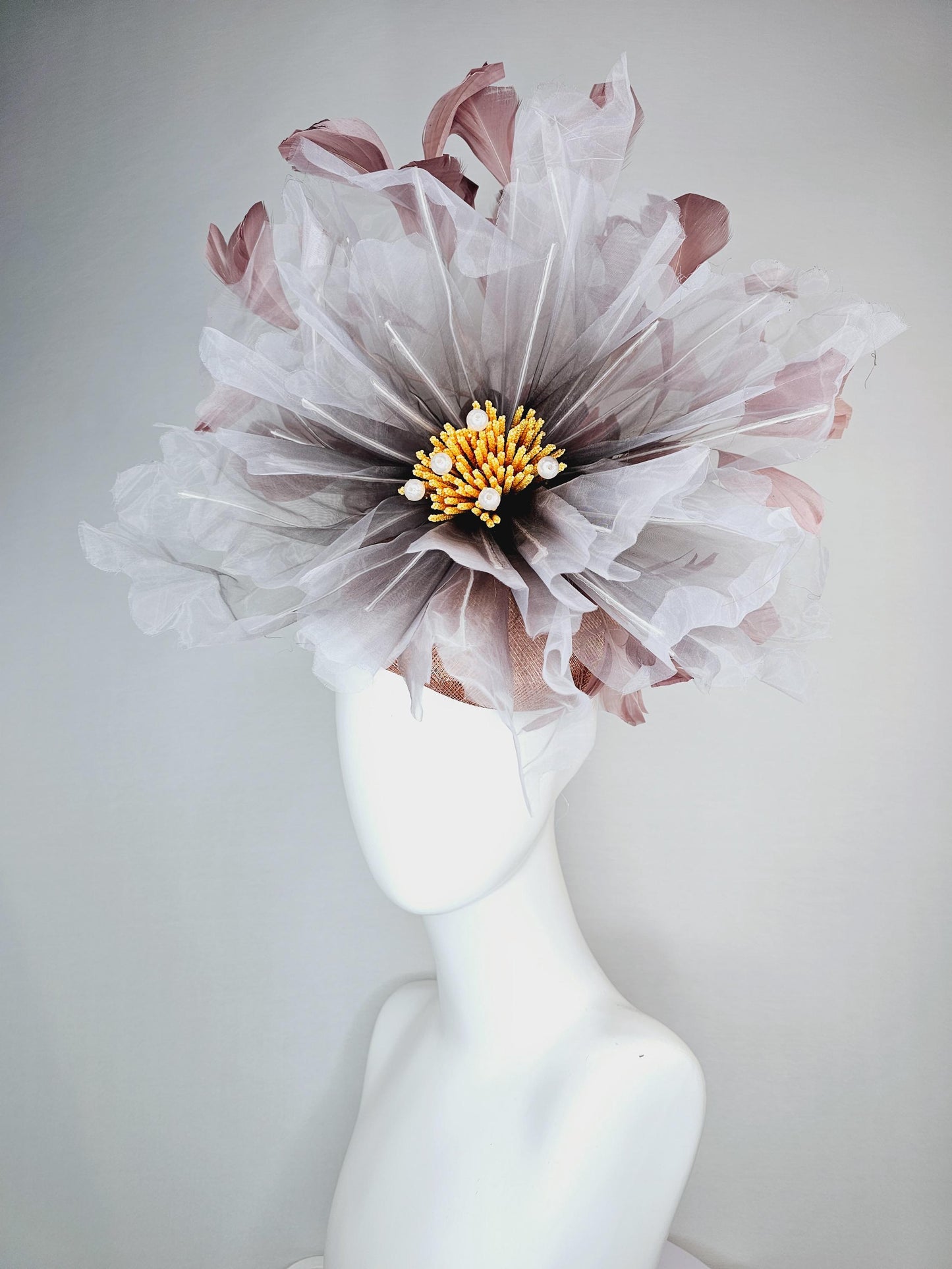 kentucky derby fascinator dusty champagne pink sinamay with very large ombre gray organza flower and taupe dusty pink branching feathers