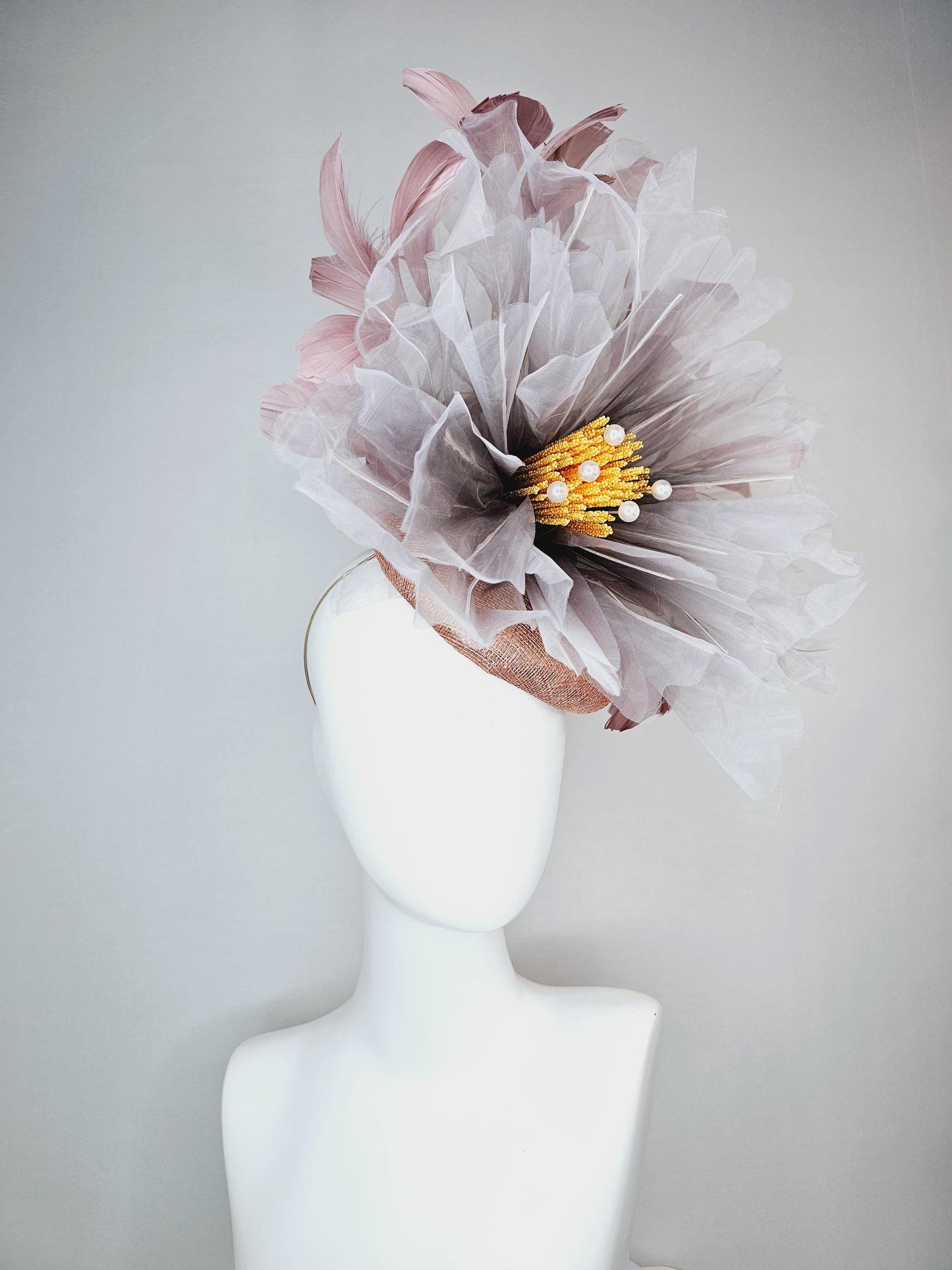 kentucky derby fascinator dusty champagne pink sinamay with very large ombre gray organza flower and taupe dusty pink branching feathers