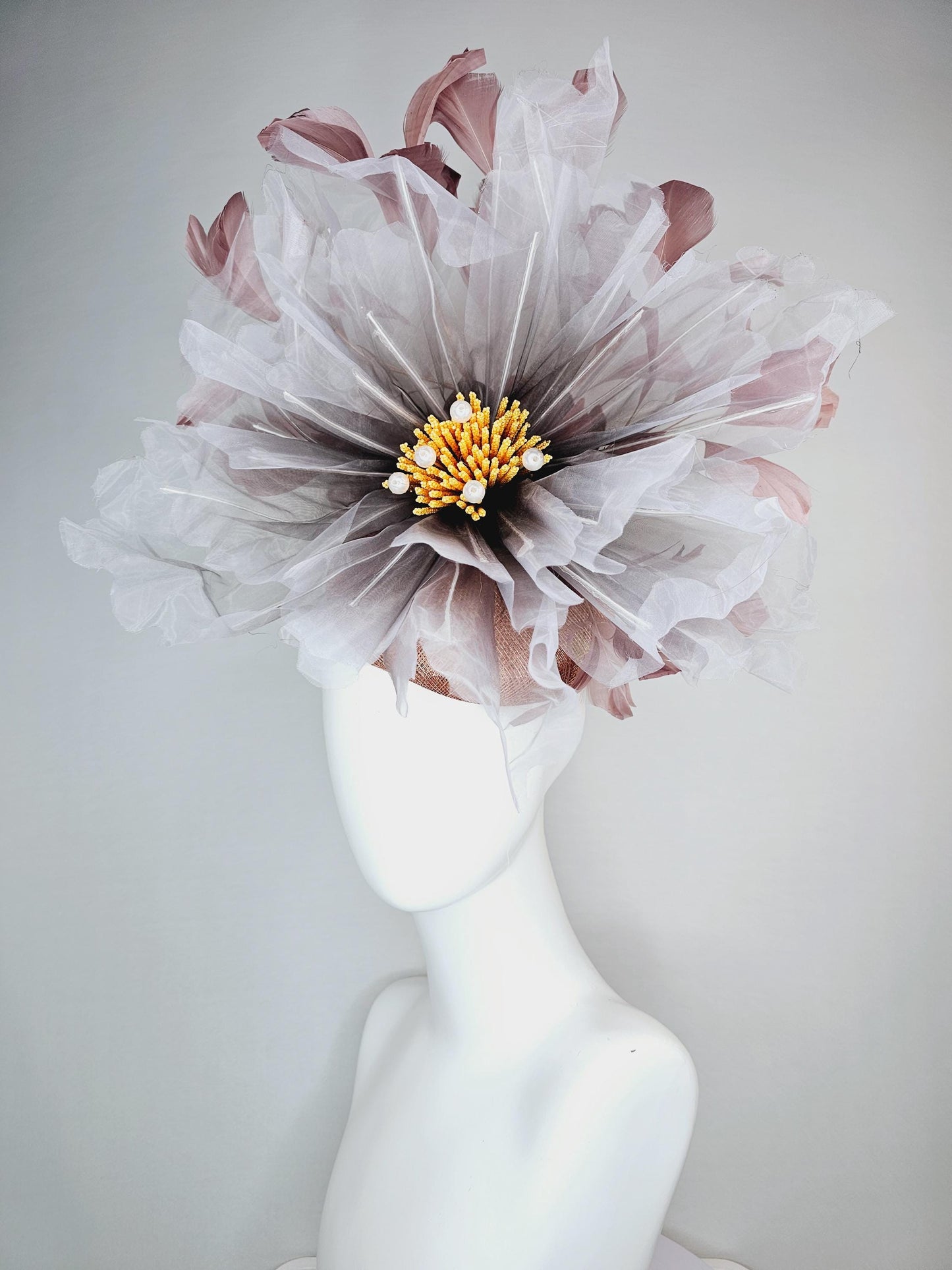kentucky derby fascinator dusty champagne pink sinamay with very large ombre gray organza flower and taupe dusty pink branching feathers