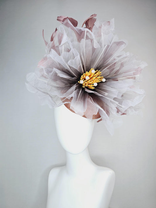 kentucky derby fascinator dusty champagne pink sinamay with very large ombre gray organza flower and taupe dusty pink branching feathers