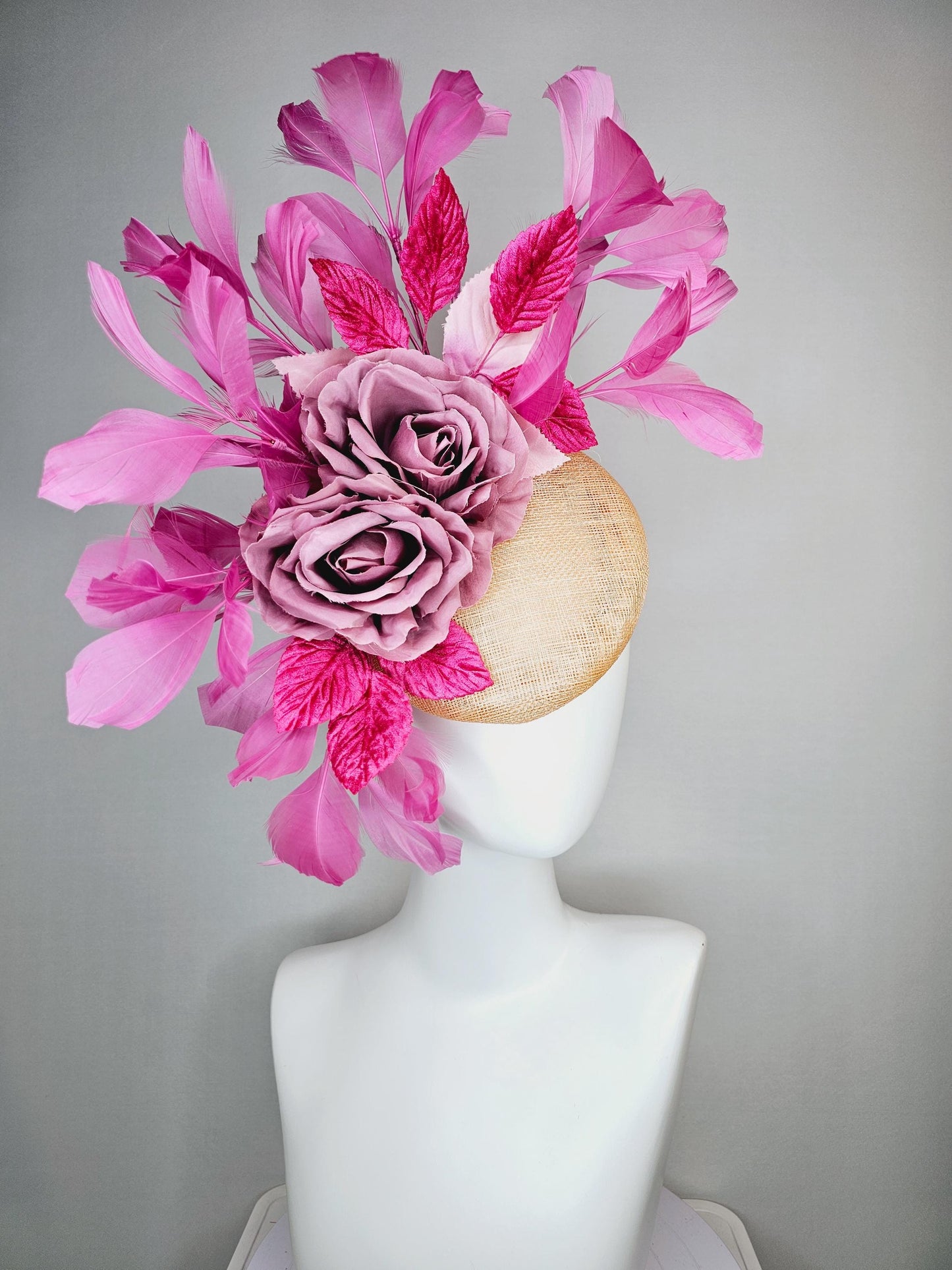 kentucky derby hat fascinator champagne beige sinamay with lilac pink satin roses hot pink leaves and lilac pink branching feathers