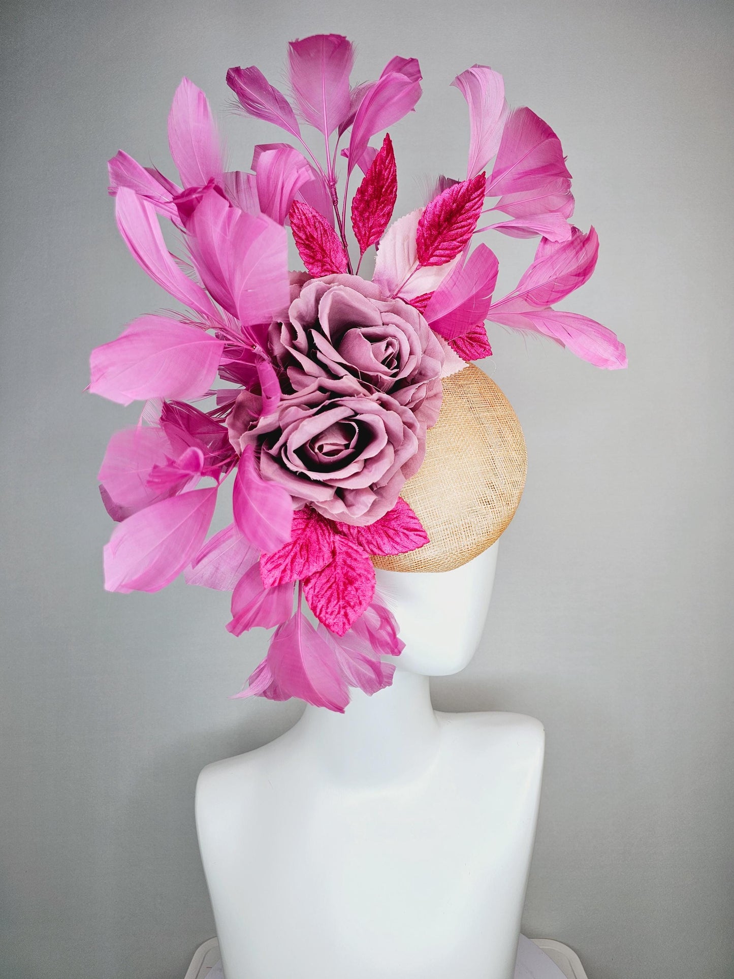 kentucky derby hat fascinator champagne beige sinamay with lilac pink satin roses hot pink leaves and lilac pink branching feathers