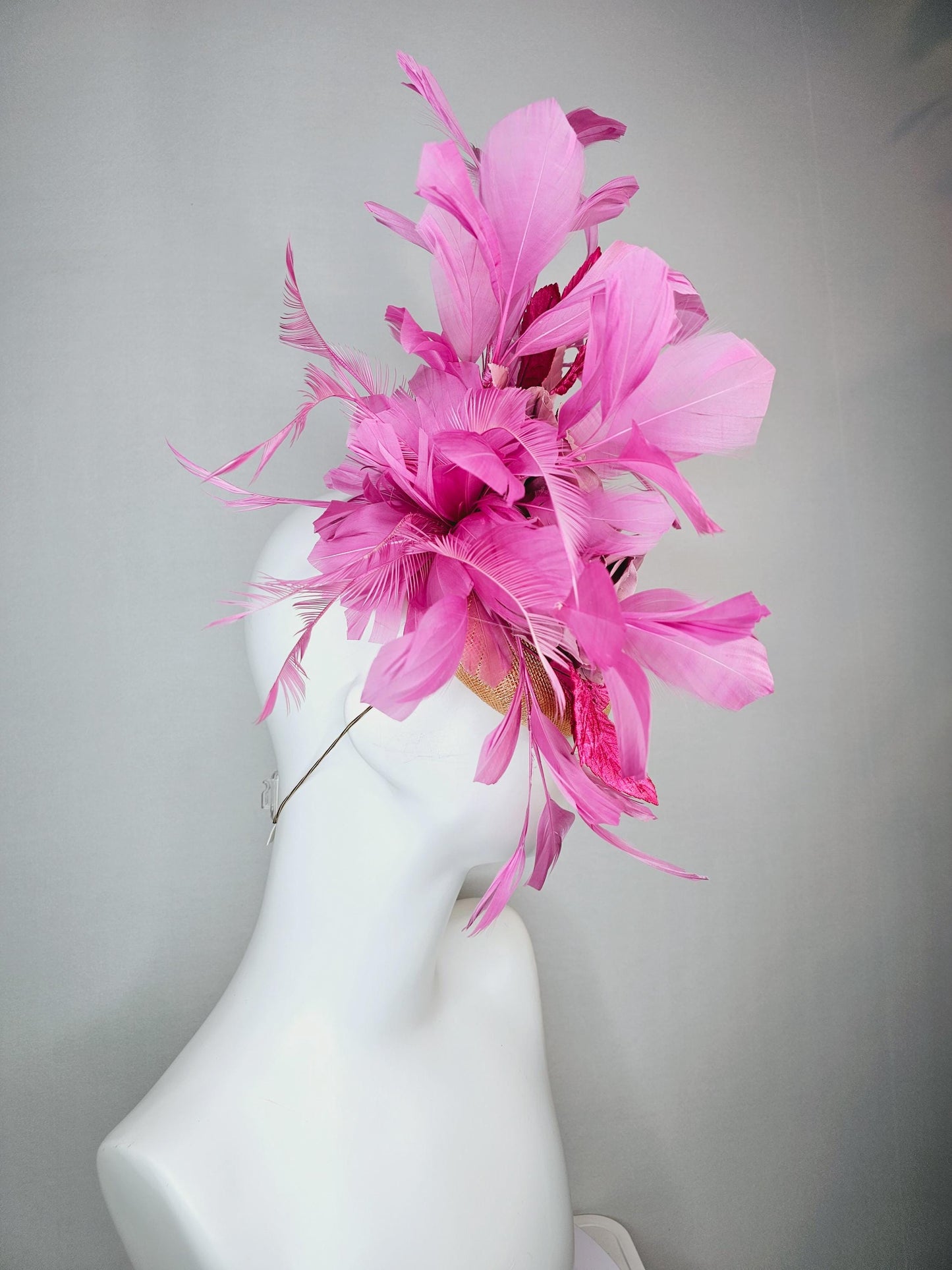 kentucky derby hat fascinator champagne beige sinamay with lilac pink satin roses hot pink leaves and lilac pink branching feathers