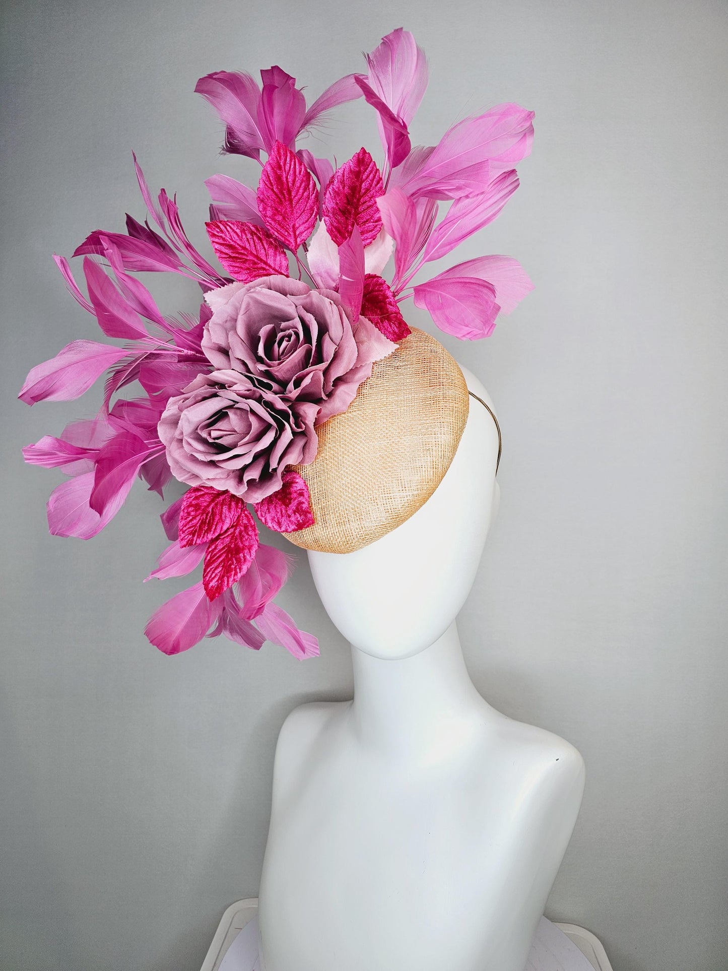 kentucky derby hat fascinator champagne beige sinamay with lilac pink satin roses hot pink leaves and lilac pink branching feathers