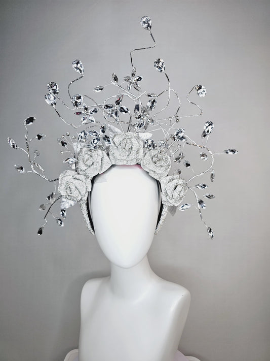 kentucky derby hat fascinator clear swarovski crystal headband with silver large flowers and rhinestone leaves