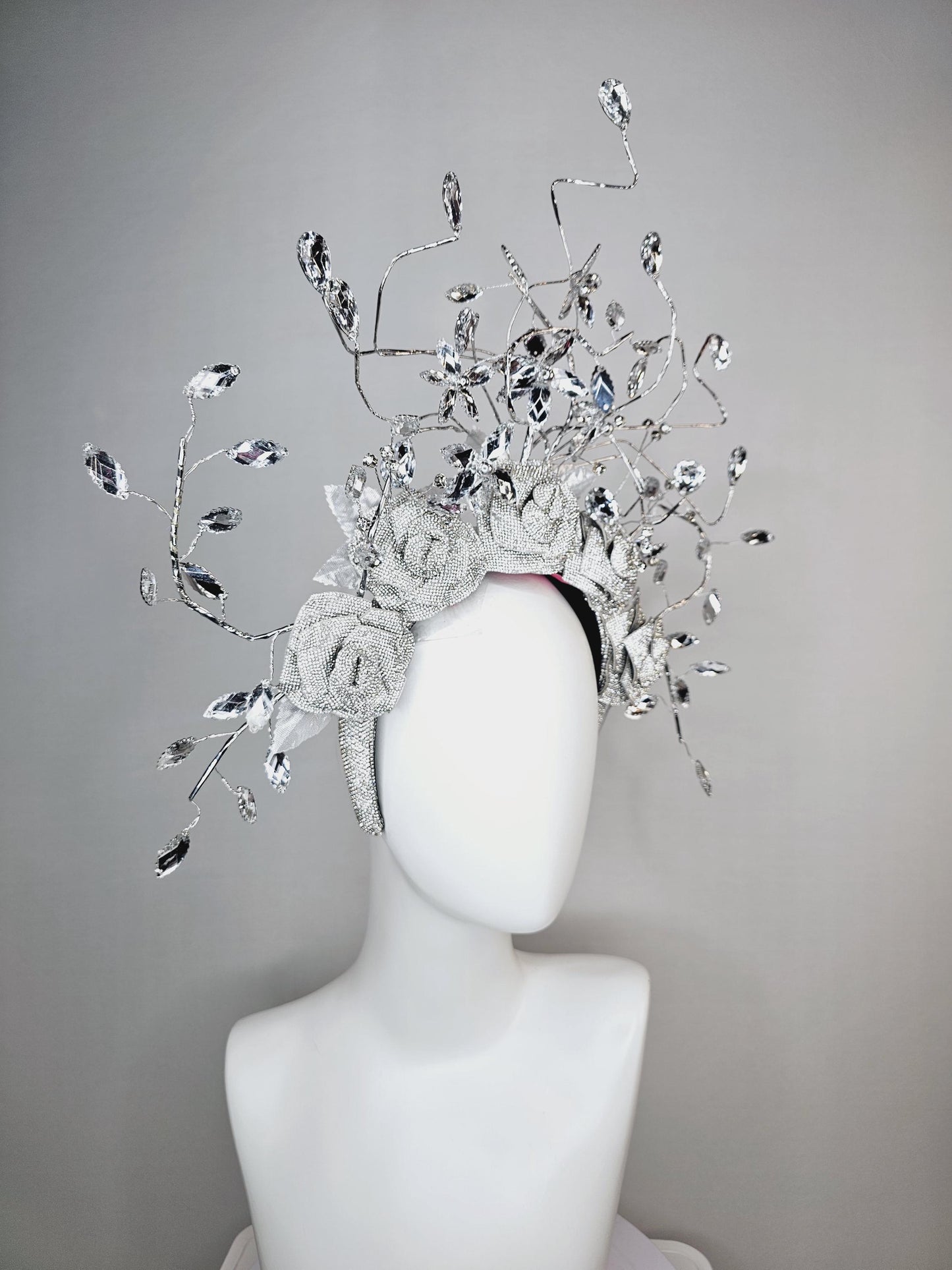 kentucky derby hat fascinator clear swarovski crystal headband with silver large flowers and rhinestone leaves