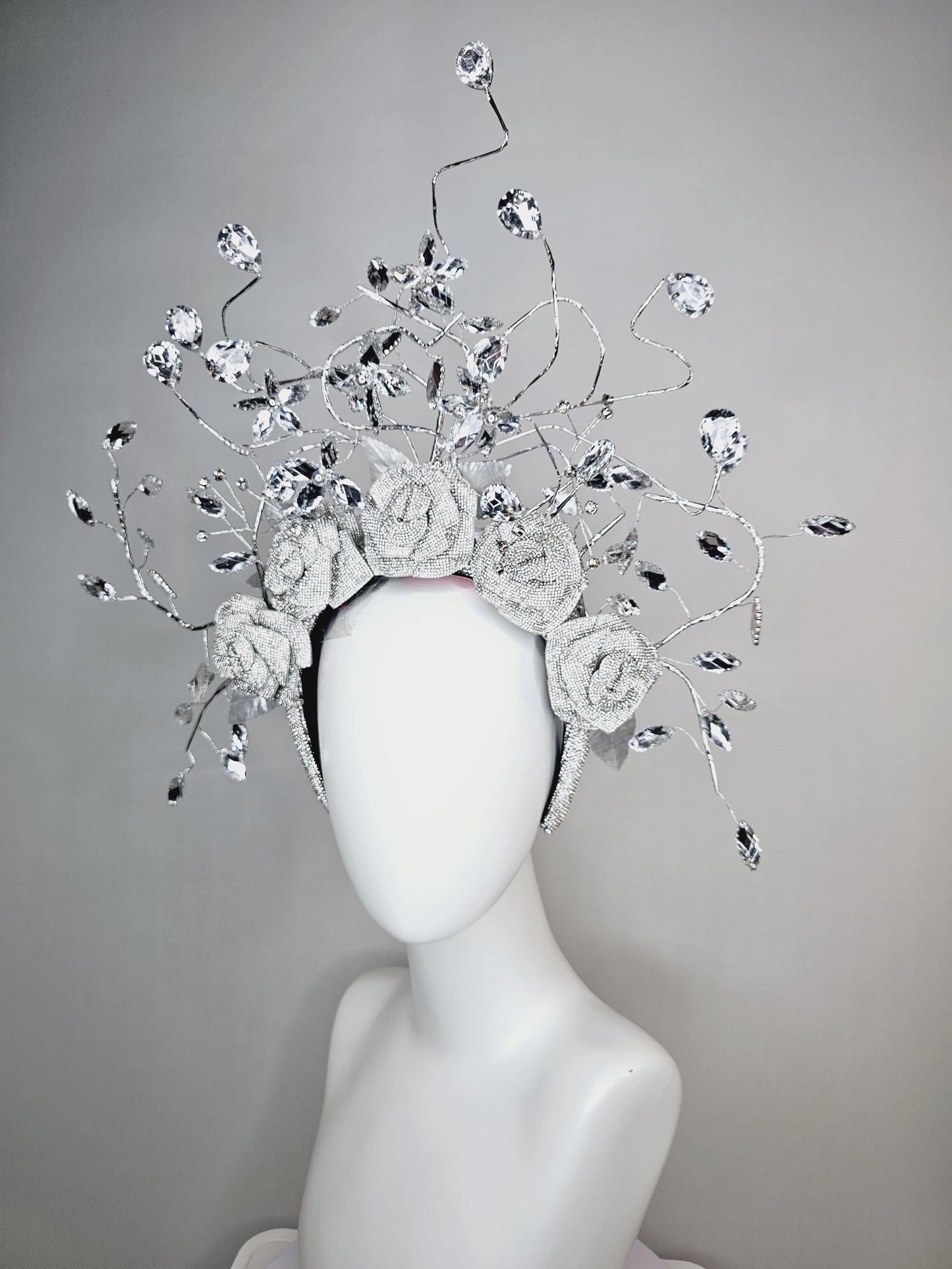 kentucky derby hat fascinator clear swarovski crystal headband with silver large flowers and rhinestone leaves