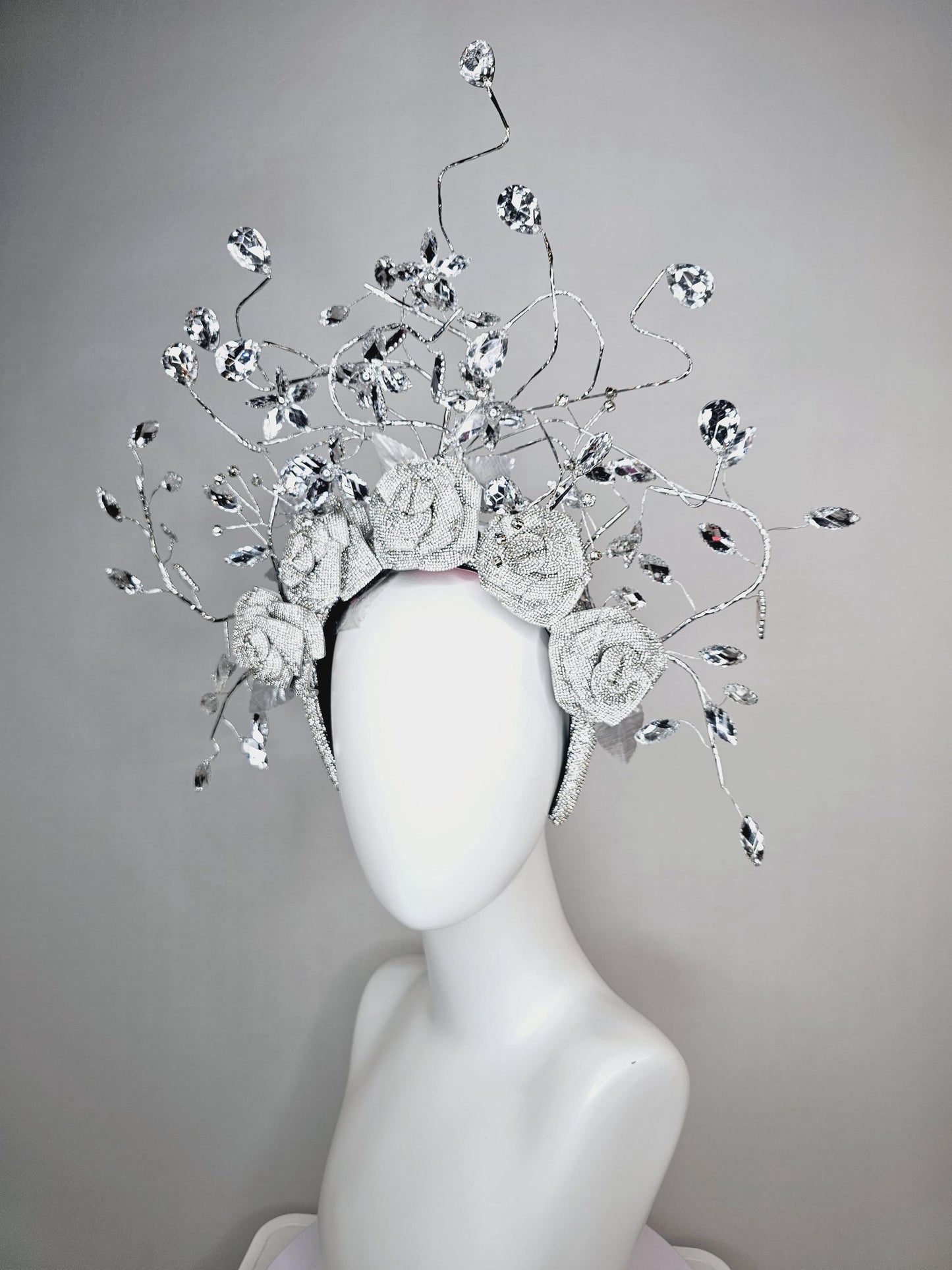 kentucky derby hat fascinator clear swarovski crystal headband with silver large flowers and rhinestone leaves