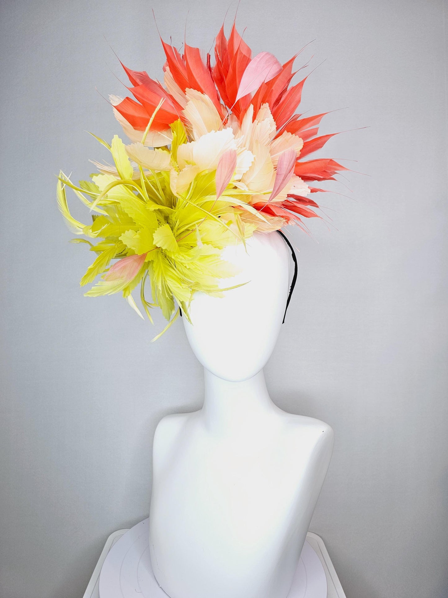 kentucky derby hat fascinator fluffy lemon yellow zigzag feather flower and light yellow peach orange branching feathers