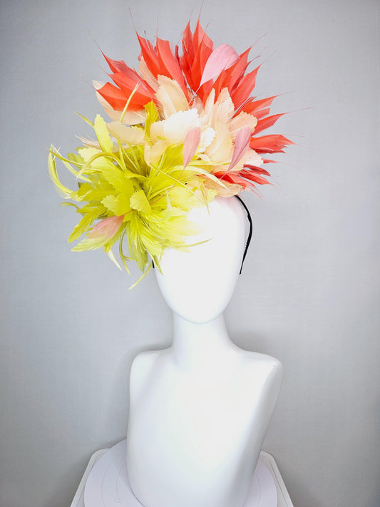kentucky derby hat fascinator fluffy lemon yellow zigzag feather flower and light yellow peach orange branching feathers