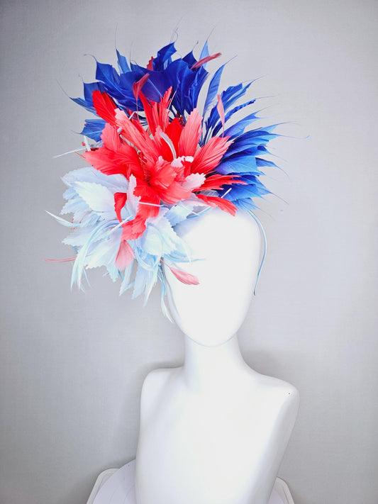 kentucky derby hat fascinator fluffy light blue zigzag feather flower and coral red royal cobalt blue baby blue branching feathers