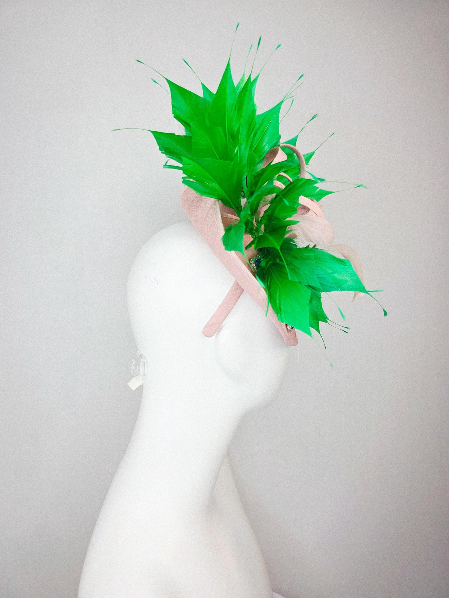 kentucky derby hat fascinator light pink shantung saucer with iridescent blue crystal rhinestone jewels shantung bow lime green feathers