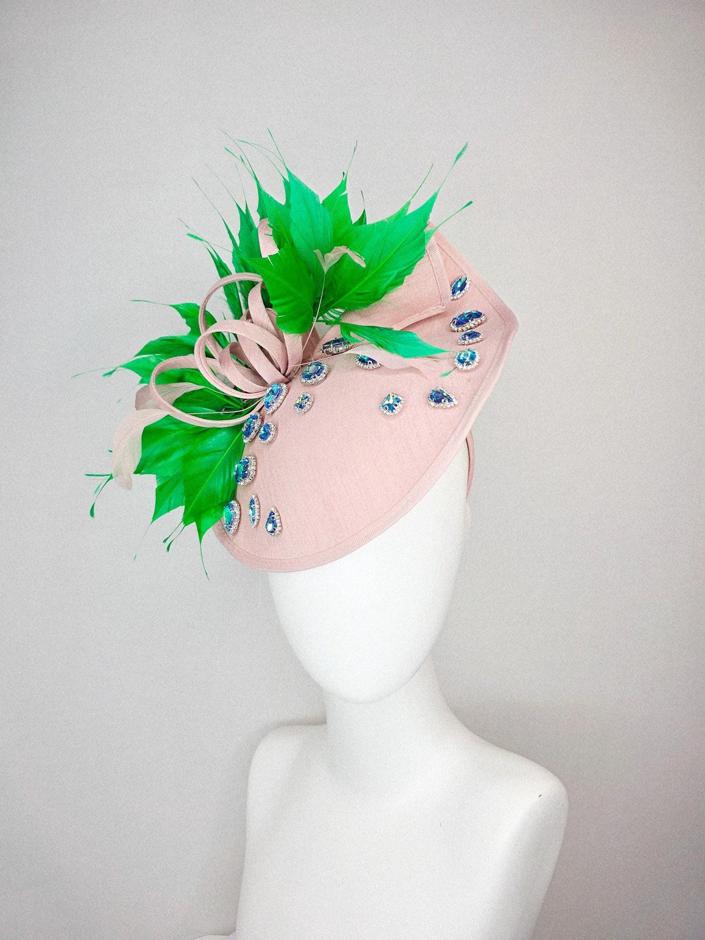 kentucky derby hat fascinator light pink shantung saucer with iridescent blue crystal rhinestone jewels shantung bow lime green feathers