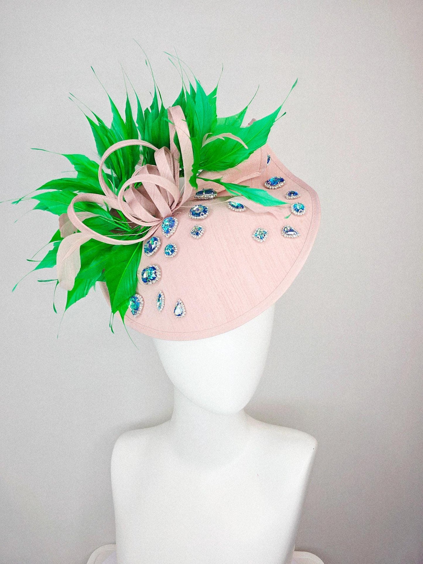 kentucky derby hat fascinator light pink shantung saucer with iridescent blue crystal rhinestone jewels shantung bow lime green feathers