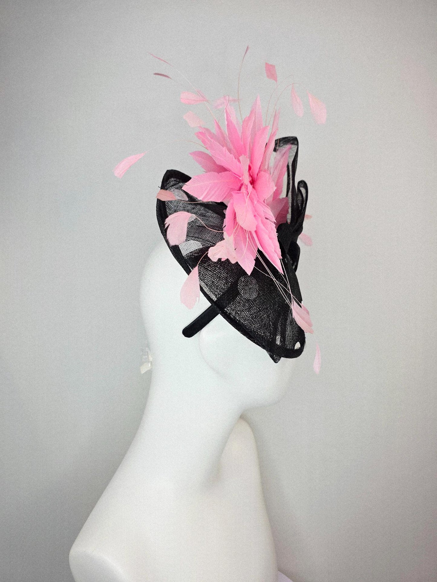 kentucky derby hat fascinator black and white polka dot sinamay saucer with black sinamay bow and light baby pink branching feathers