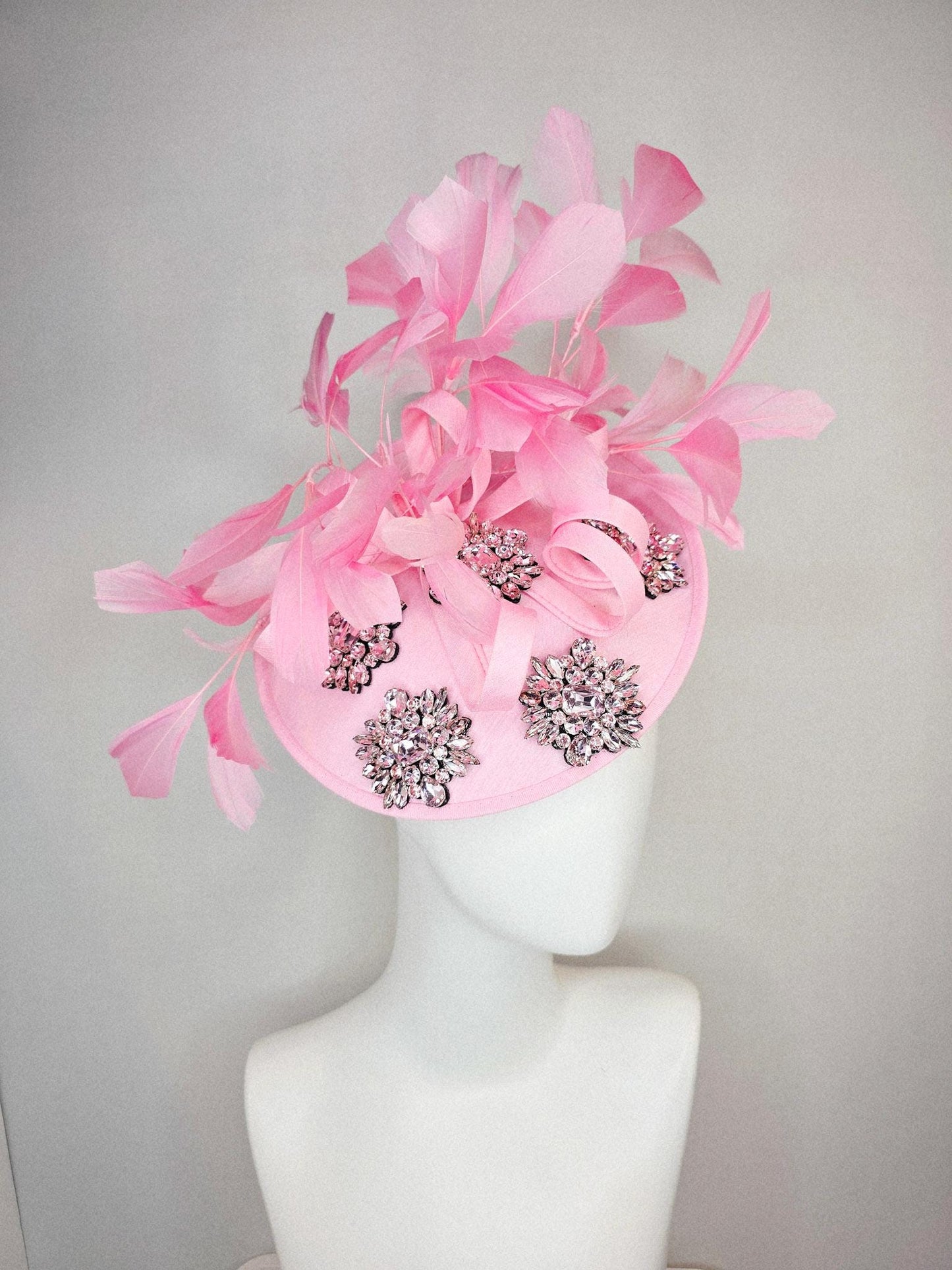 kentucky derby hat fascinator light pink shantung saucer clear crystal jewels embroidered shantung curls and baby pink branching feathers