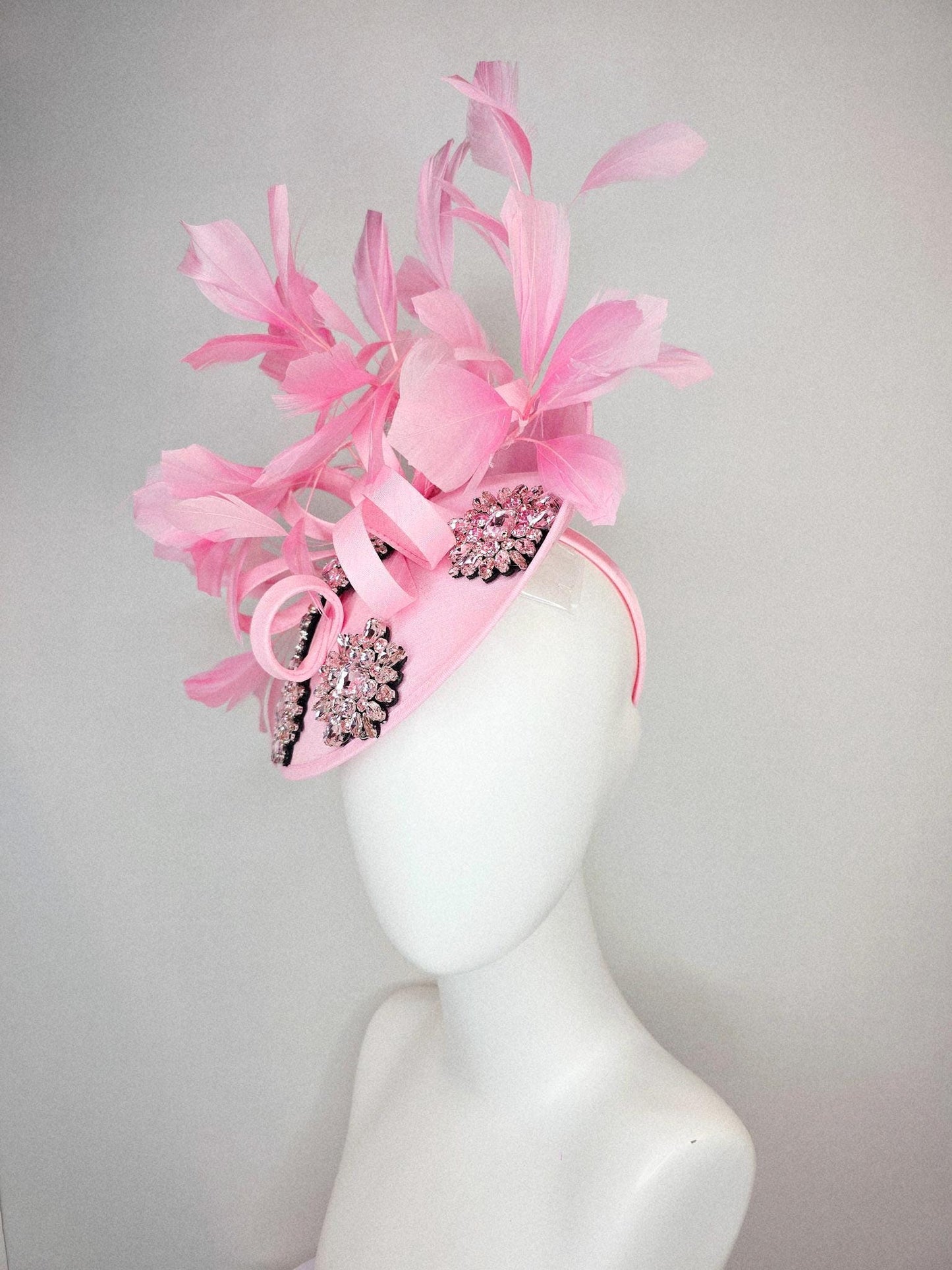 kentucky derby hat fascinator light pink shantung saucer clear crystal jewels embroidered shantung curls and baby pink branching feathers