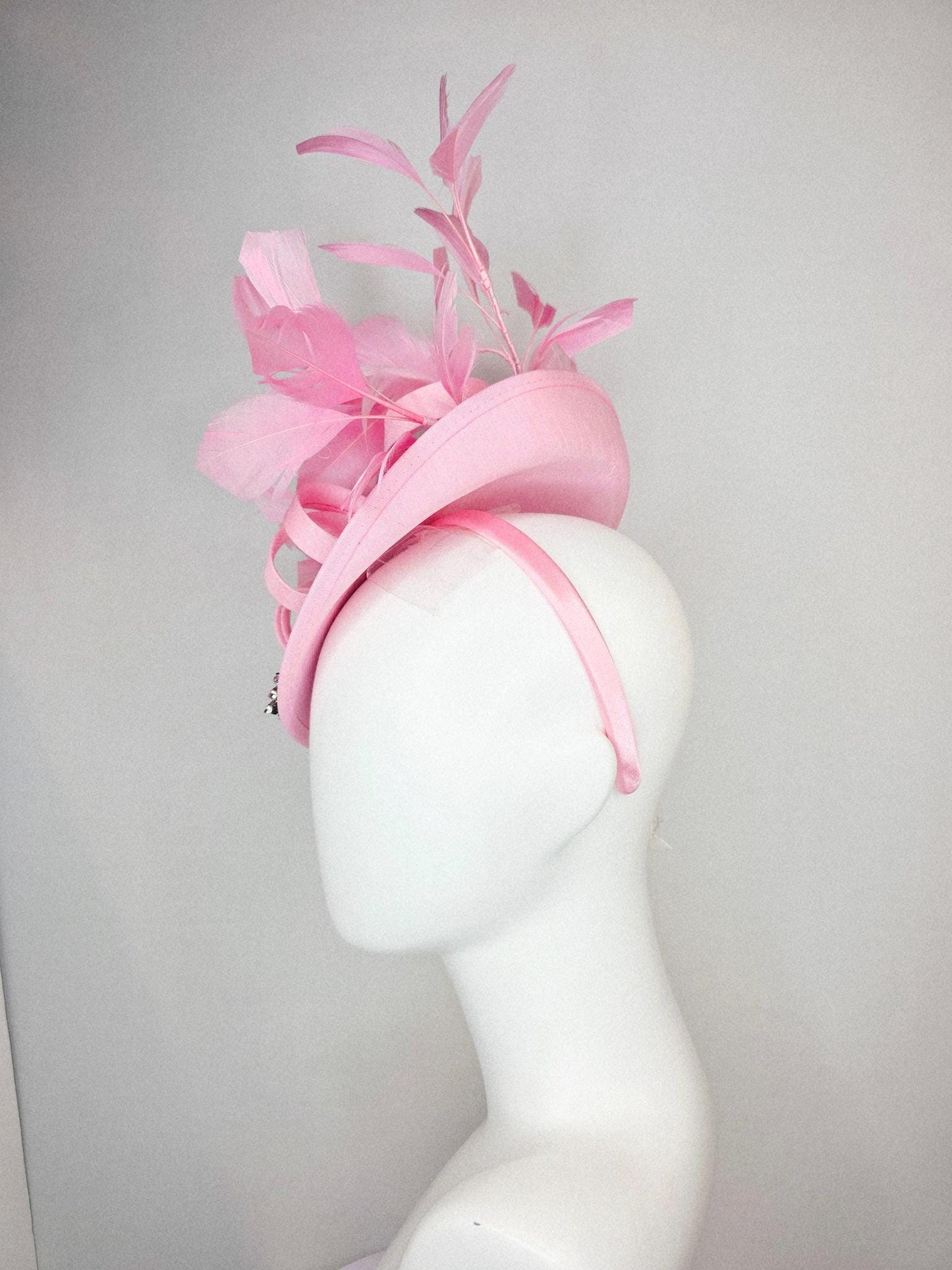 kentucky derby hat fascinator light pink shantung saucer clear crystal jewels embroidered shantung curls and baby pink branching feathers