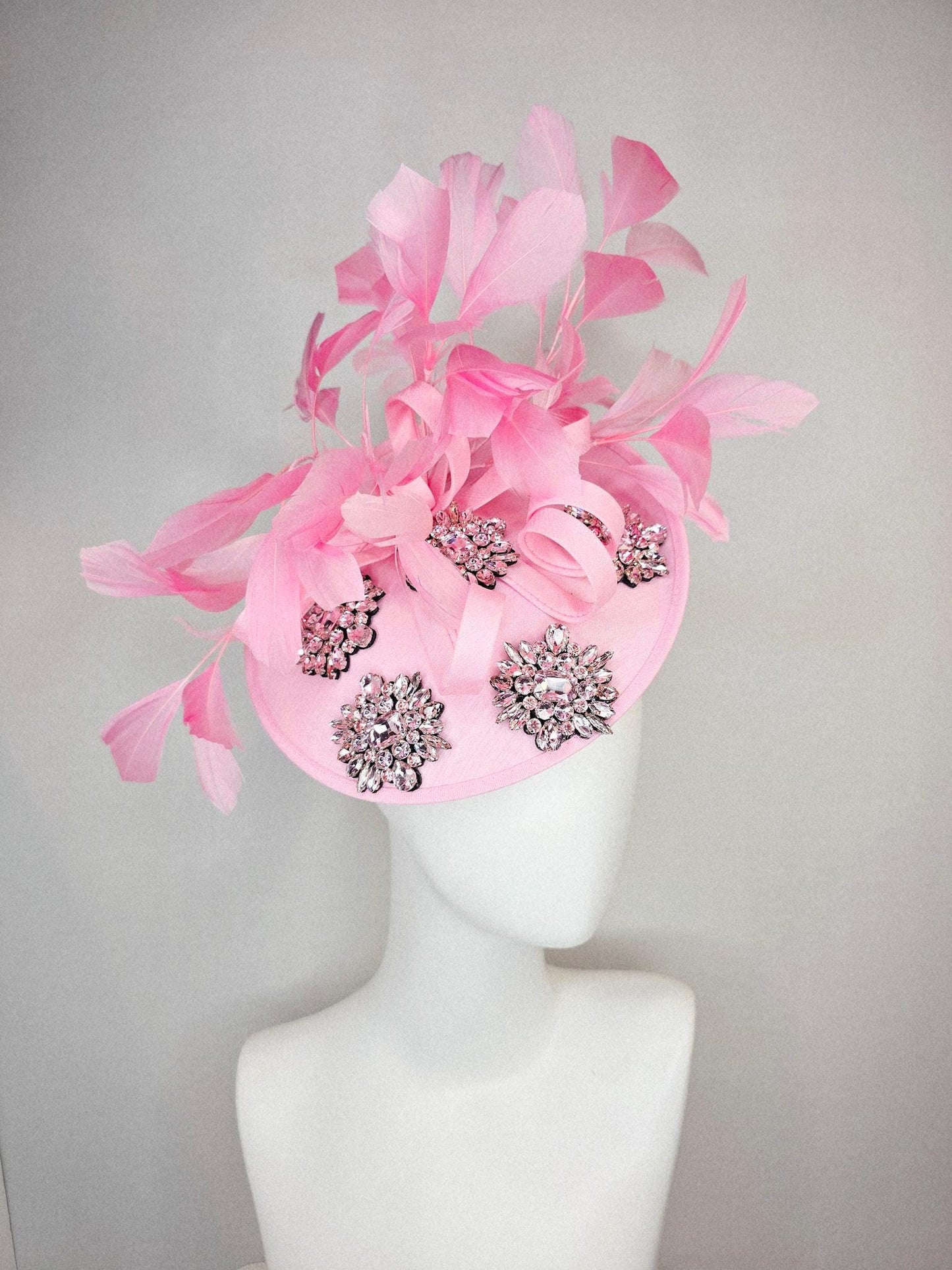kentucky derby hat fascinator light pink shantung saucer clear crystal jewels embroidered shantung curls and baby pink branching feathers