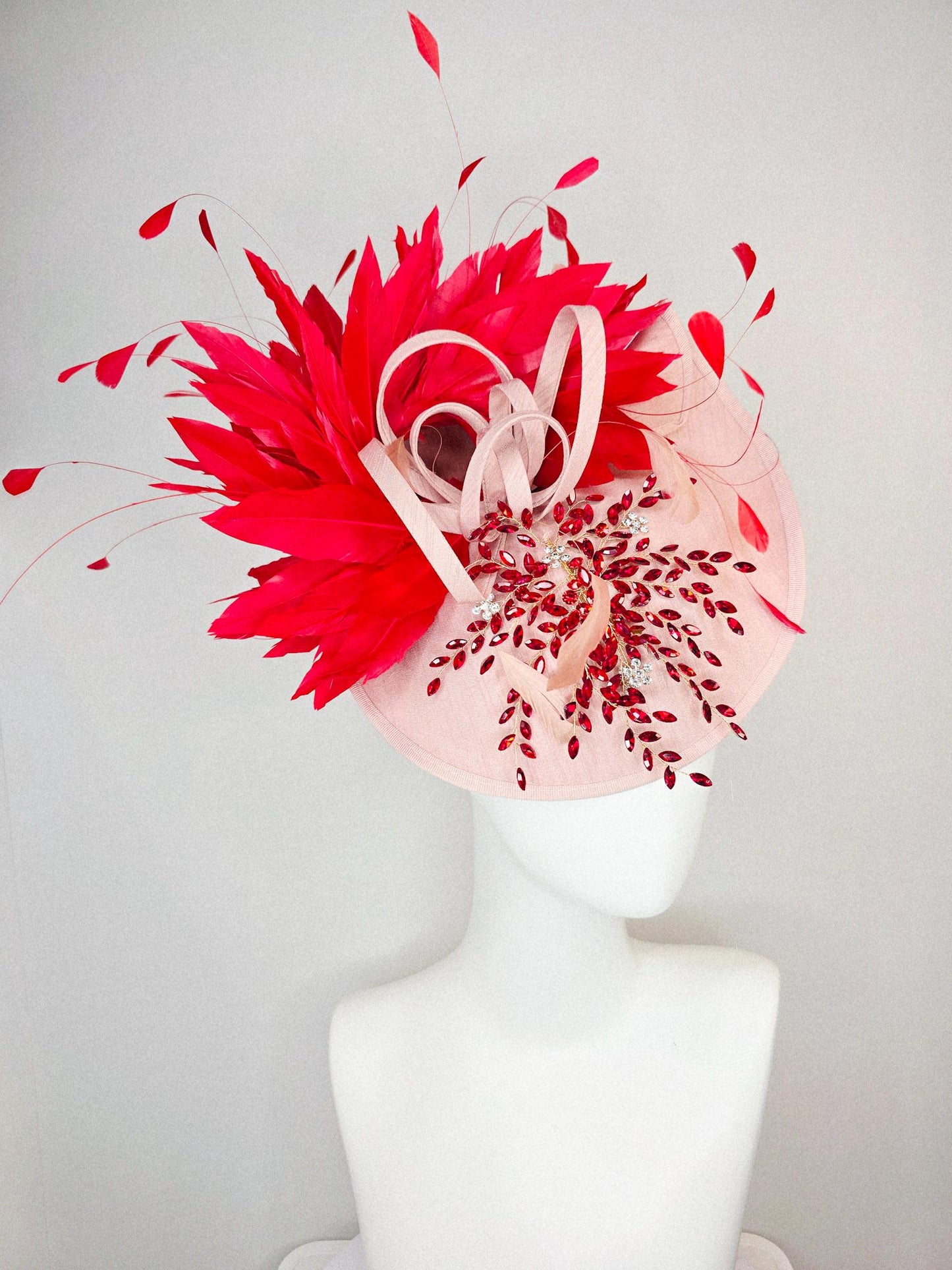 kentucky derby hat fascinator champagne pink shantung saucer with crystal red leaf vine shantung curls and scarlet red branching feathers