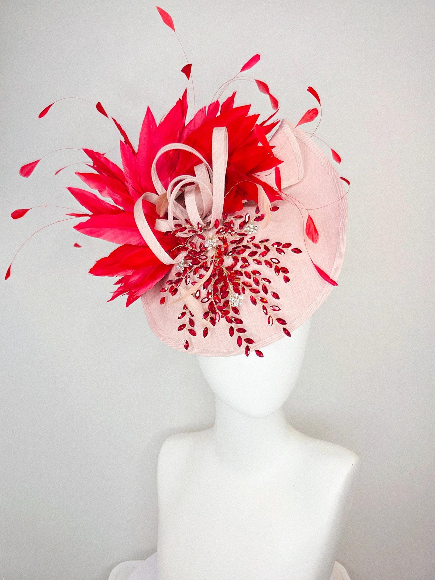 kentucky derby hat fascinator champagne pink shantung saucer with crystal red leaf vine shantung curls and scarlet red branching feathers