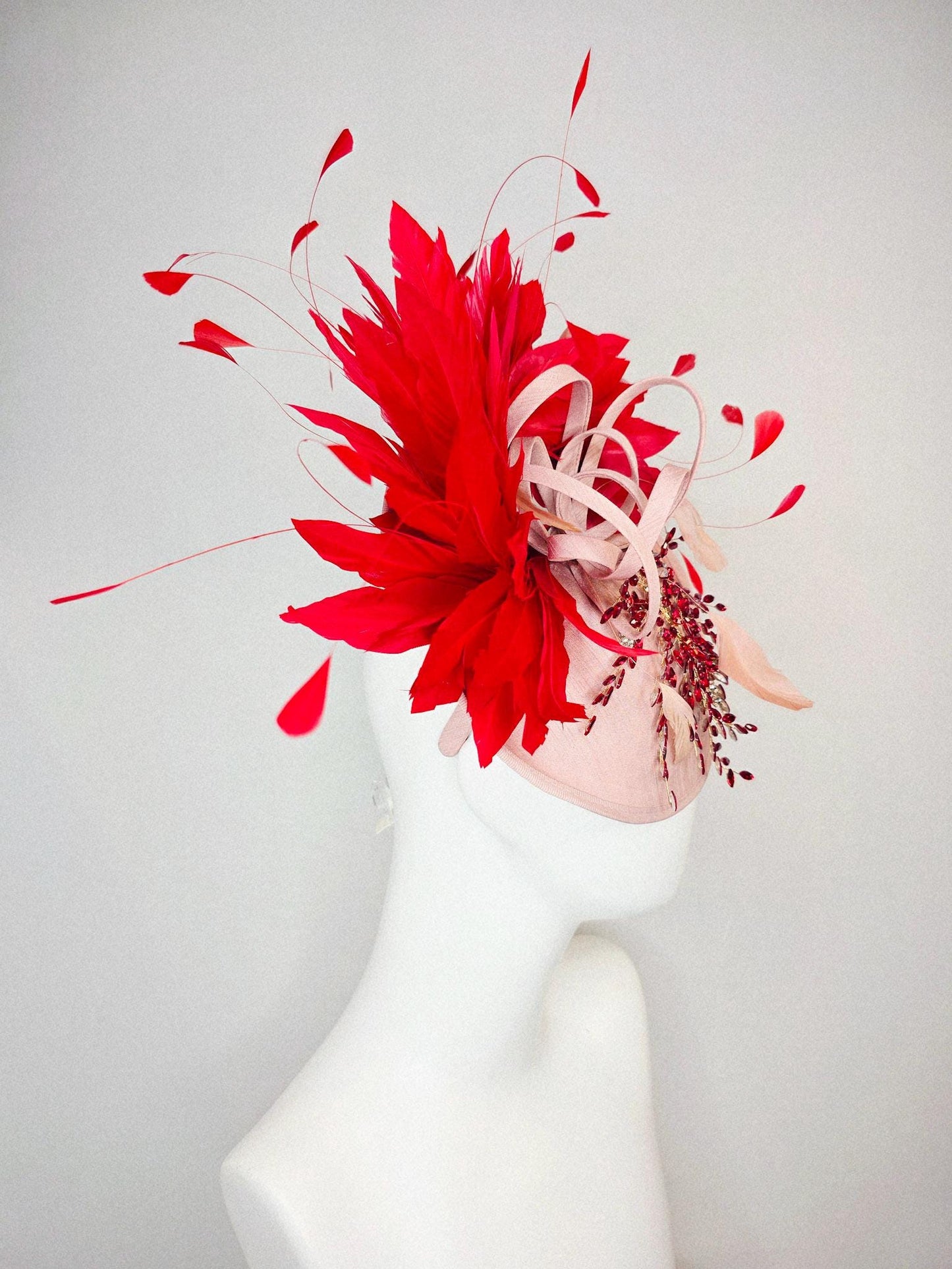 kentucky derby hat fascinator champagne pink shantung saucer with crystal red leaf vine shantung curls and scarlet red branching feathers