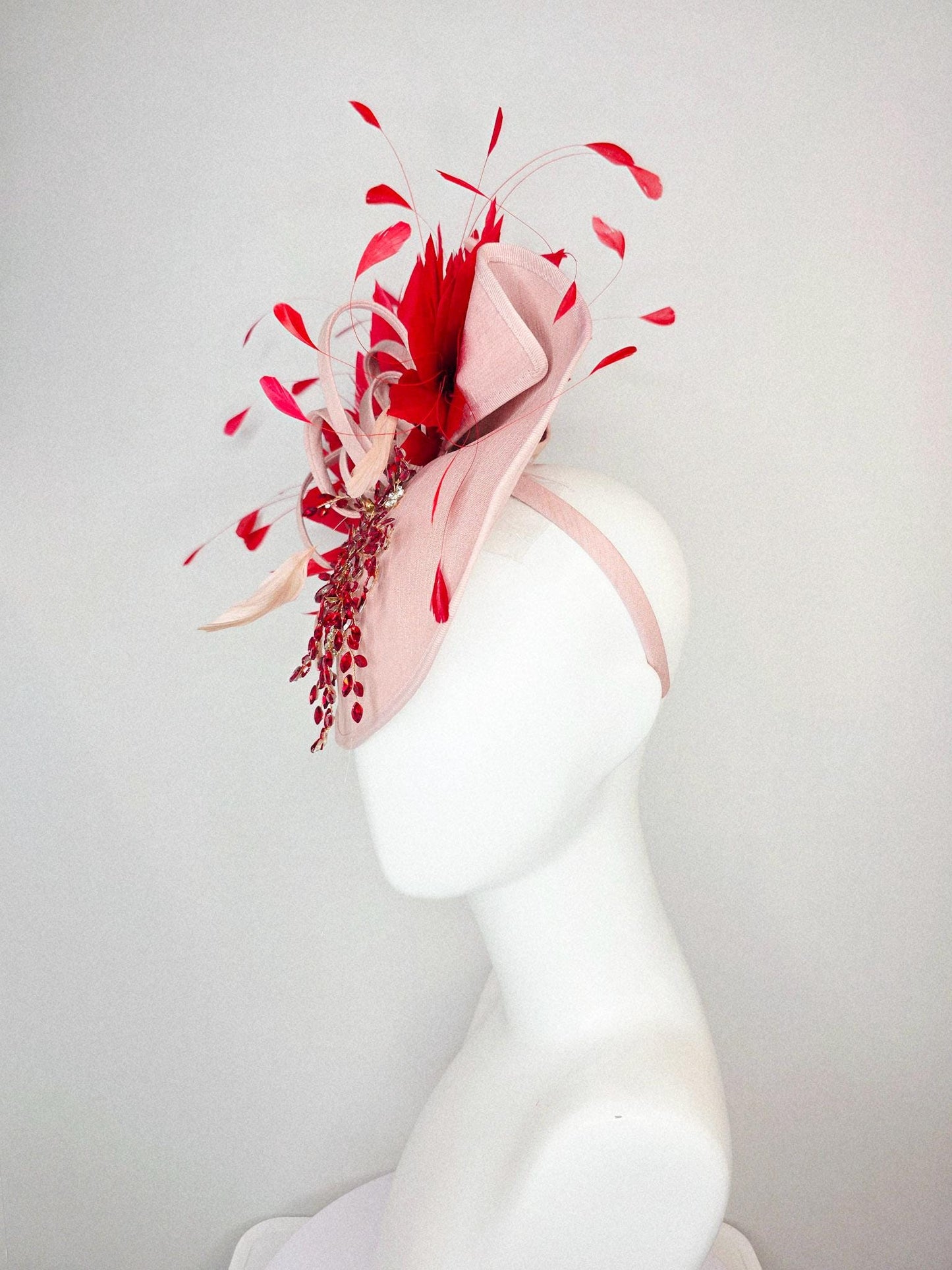 kentucky derby hat fascinator champagne pink shantung saucer with crystal red leaf vine shantung curls and scarlet red branching feathers