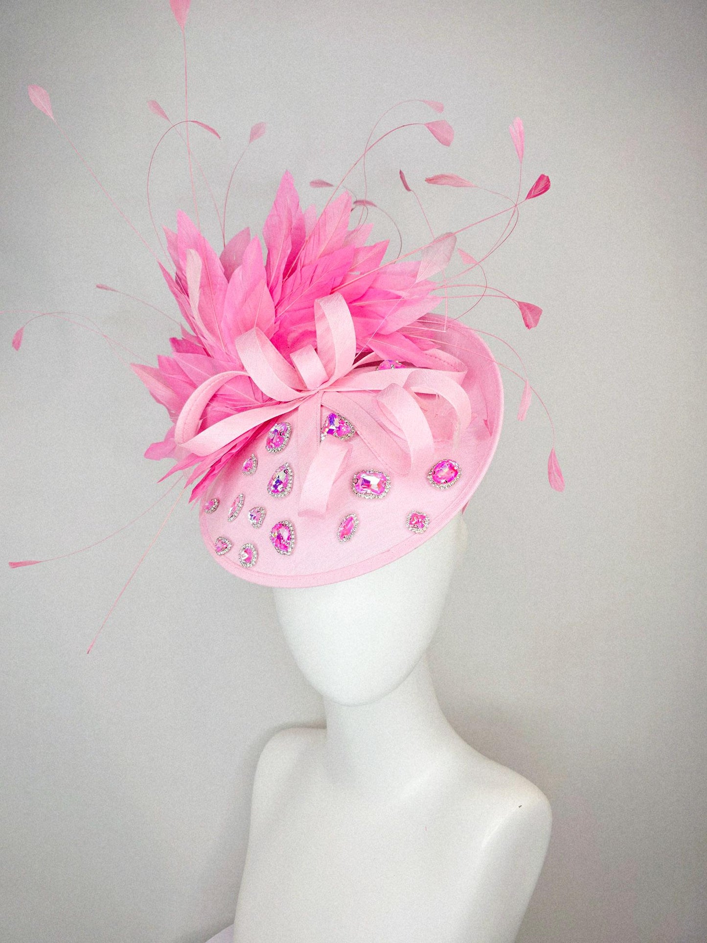 kentucky derby hat fascinator light baby pink shantung saucer iridescent pink crystal rhinestone jewels shantung bow blush pink feathers