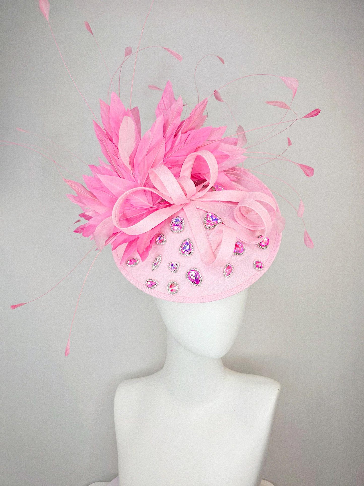 kentucky derby hat fascinator light baby pink shantung saucer iridescent pink crystal rhinestone jewels shantung bow blush pink feathers
