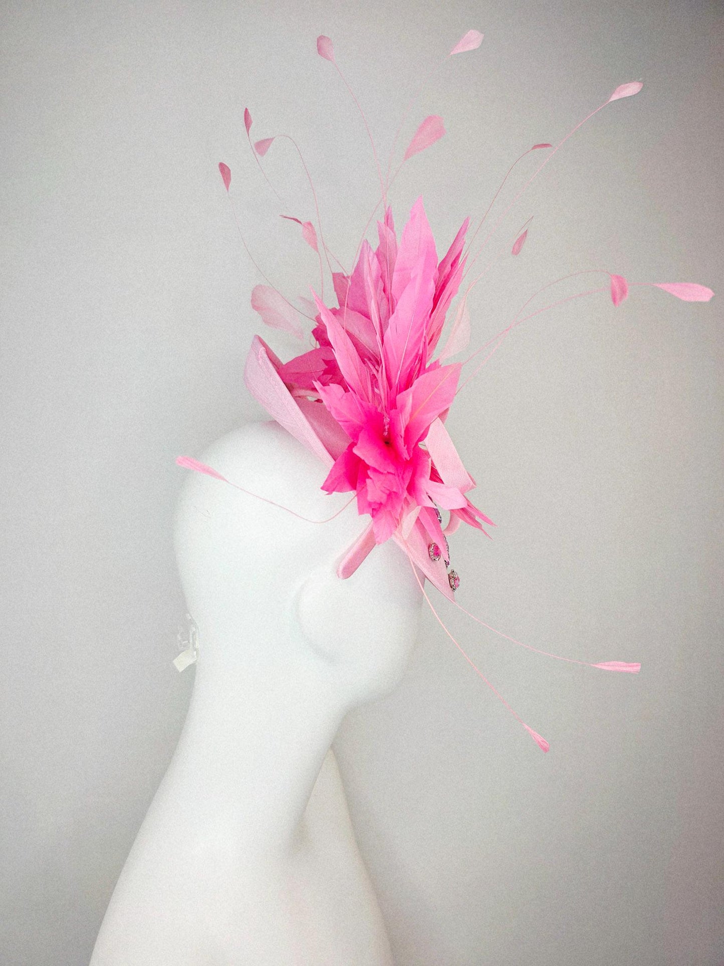 kentucky derby hat fascinator light baby pink shantung saucer iridescent pink crystal rhinestone jewels shantung bow blush pink feathers