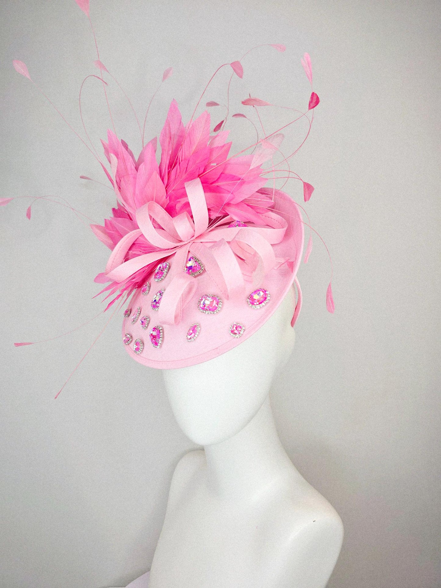 kentucky derby hat fascinator light baby pink shantung saucer iridescent pink crystal rhinestone jewels shantung bow blush pink feathers