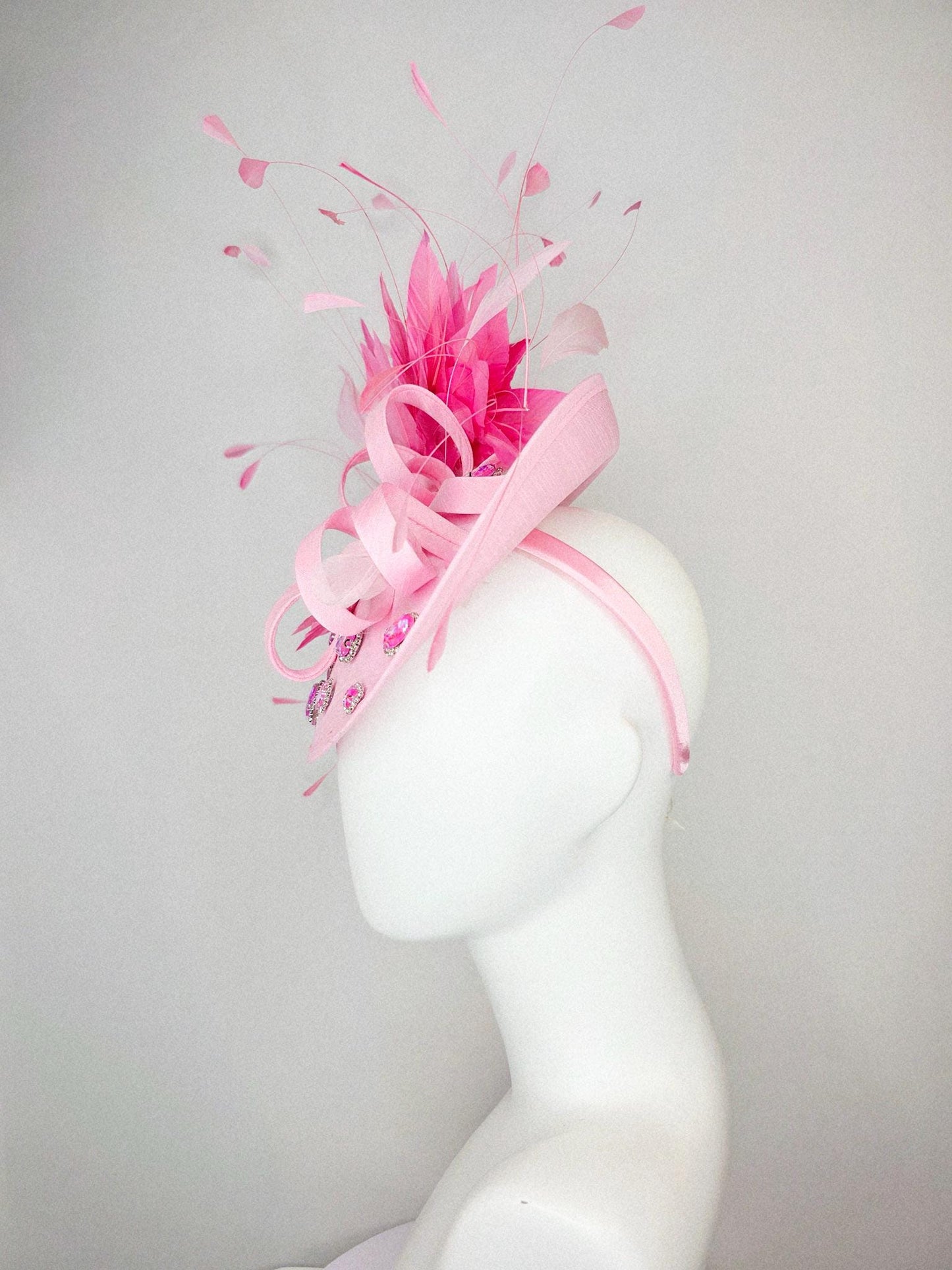 kentucky derby hat fascinator light baby pink shantung saucer iridescent pink crystal rhinestone jewels shantung bow blush pink feathers