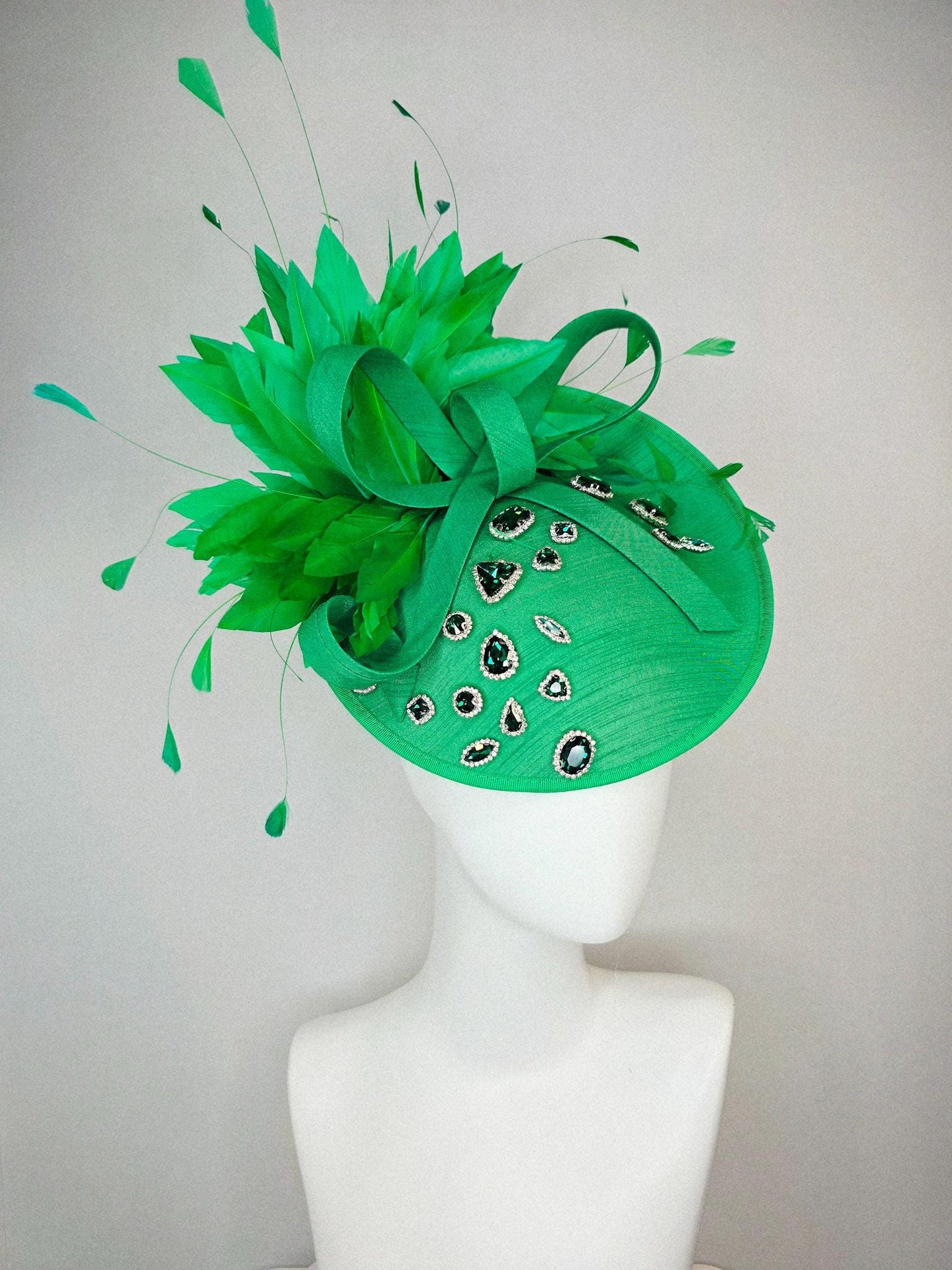 kentucky derby hat fascinator green shantung saucer emerald green crystal rhinestone jewels with green shantung bow and lime green feathers