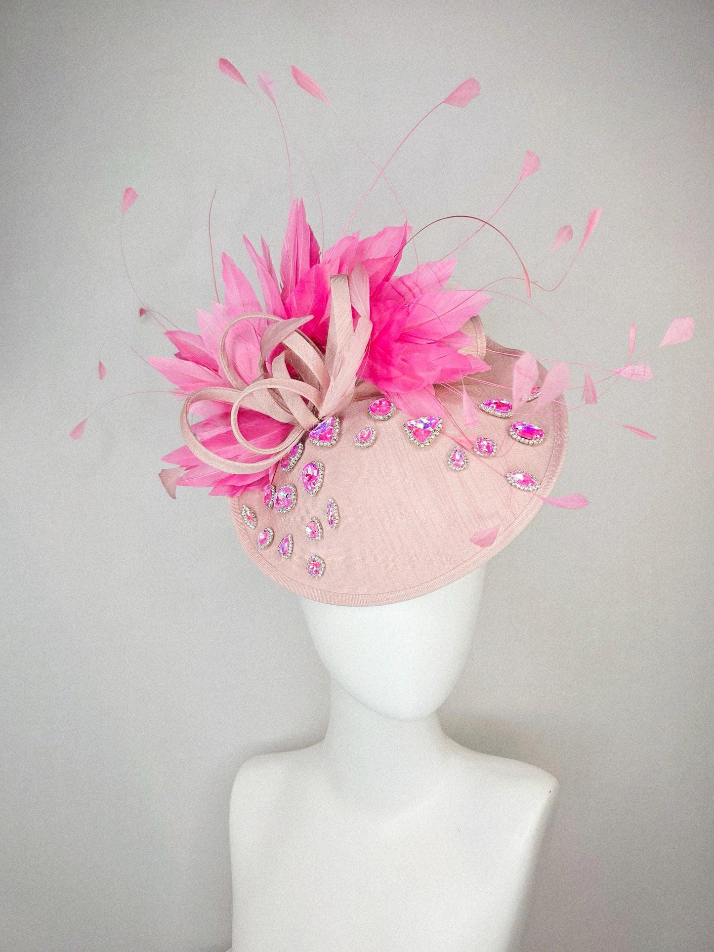 kentucky derby hat fascinator champagne pink shantung saucer iridescent pink crystal rhinestone jewels shantung bow and blush pink feathers