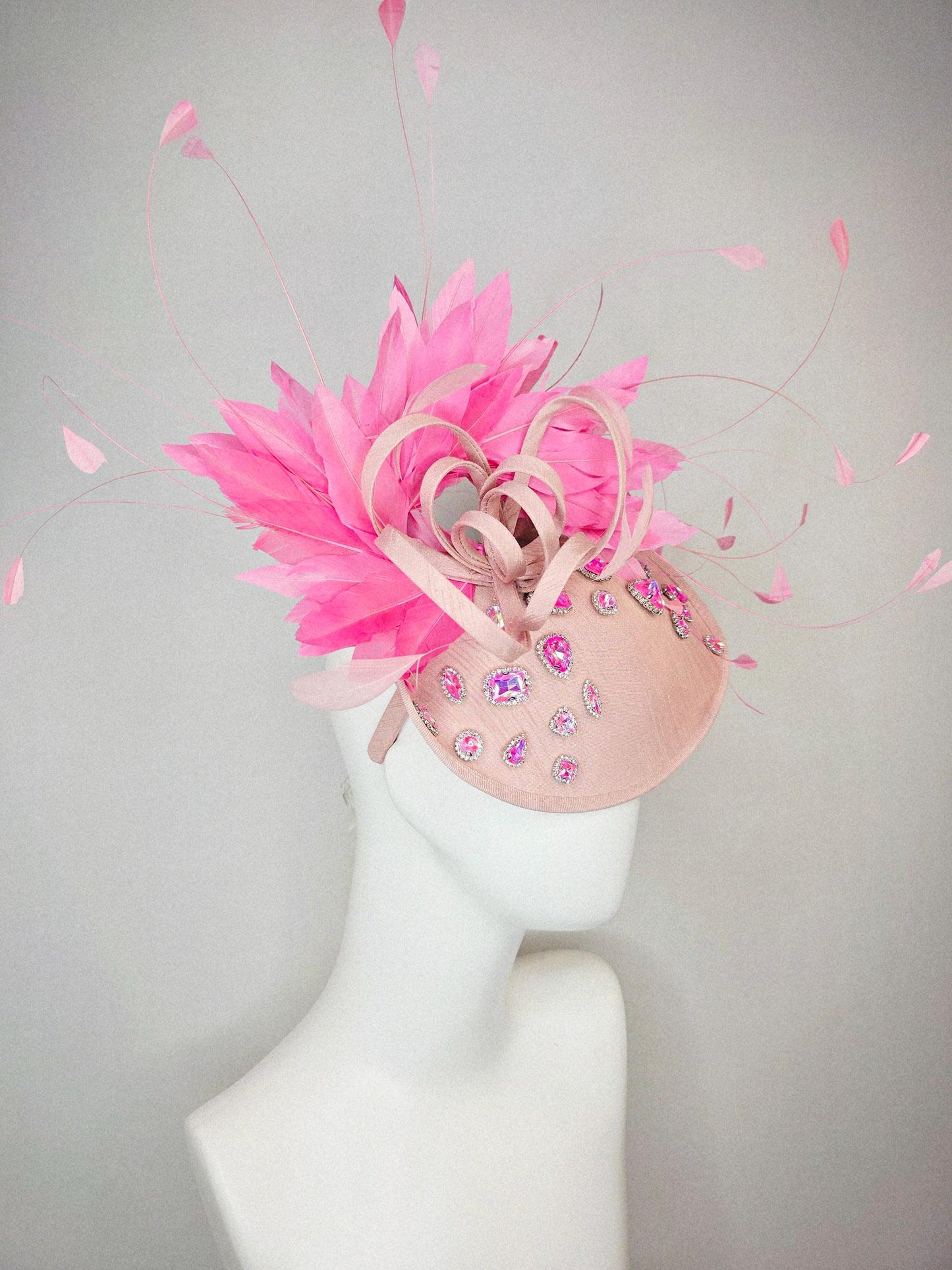 kentucky derby hat fascinator champagne pink shantung saucer iridescent pink crystal rhinestone jewels shantung bow and blush pink feathers